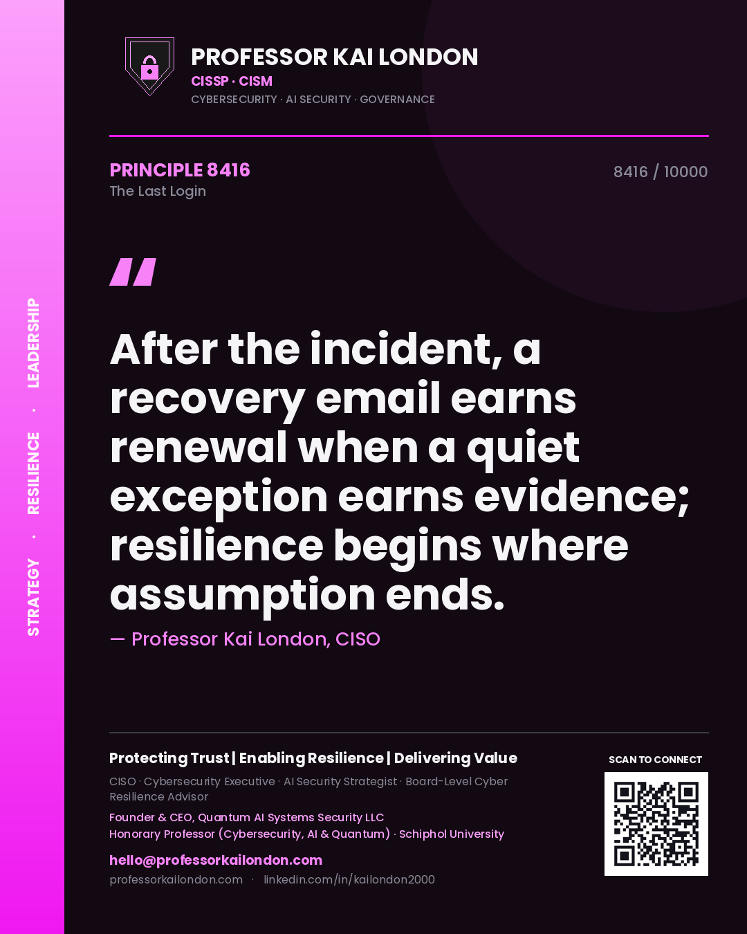 Quote card by Professor Kai London reading 'After the incident, a recovery email earns renewal when a quiet exception earns evidence; resilience begins where assumption ends.'. From the book The Last Login.