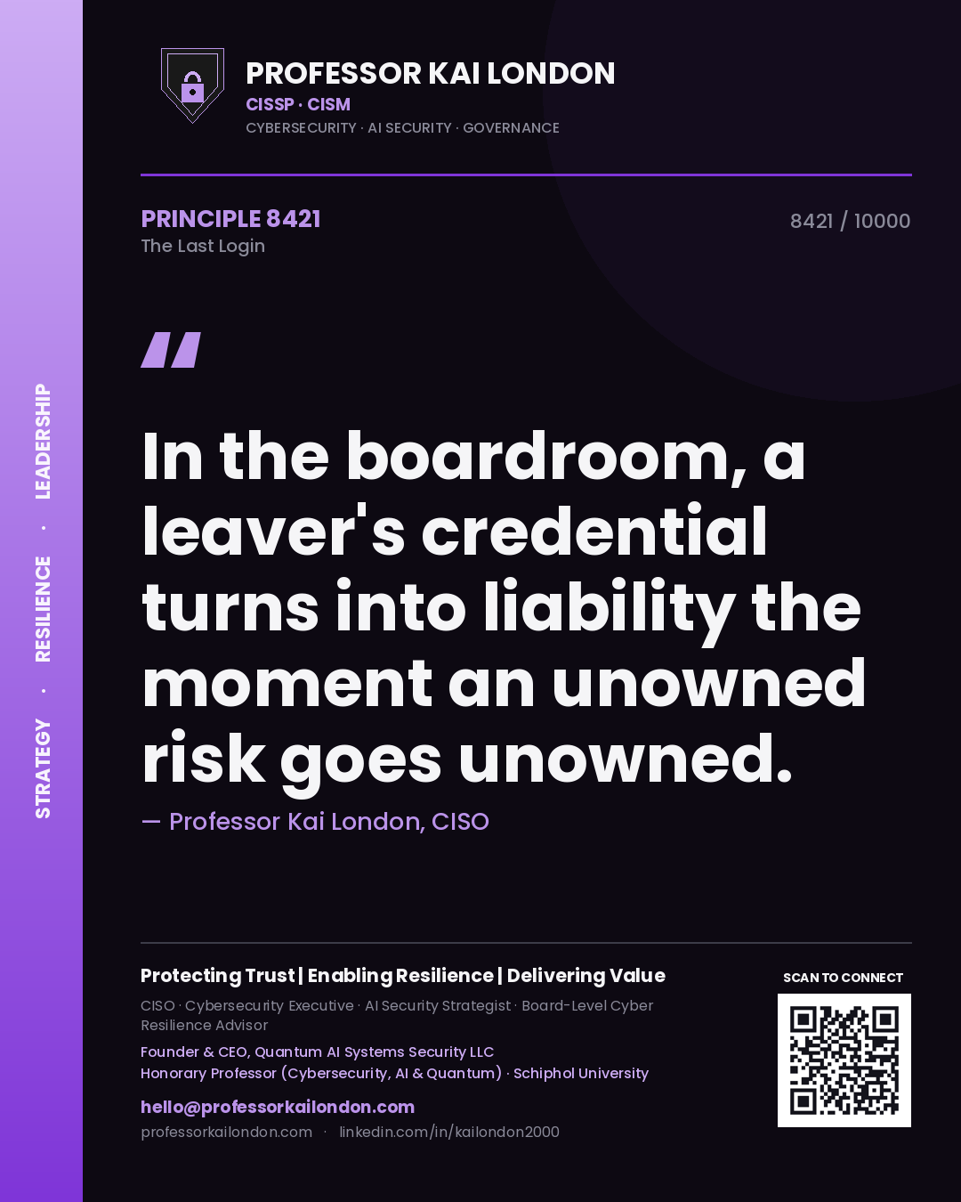 Quote card by Professor Kai London reading 'In the boardroom, a leaver's credential turns into liability the moment an unowned risk goes unowned.'. From the book The Last Login.
