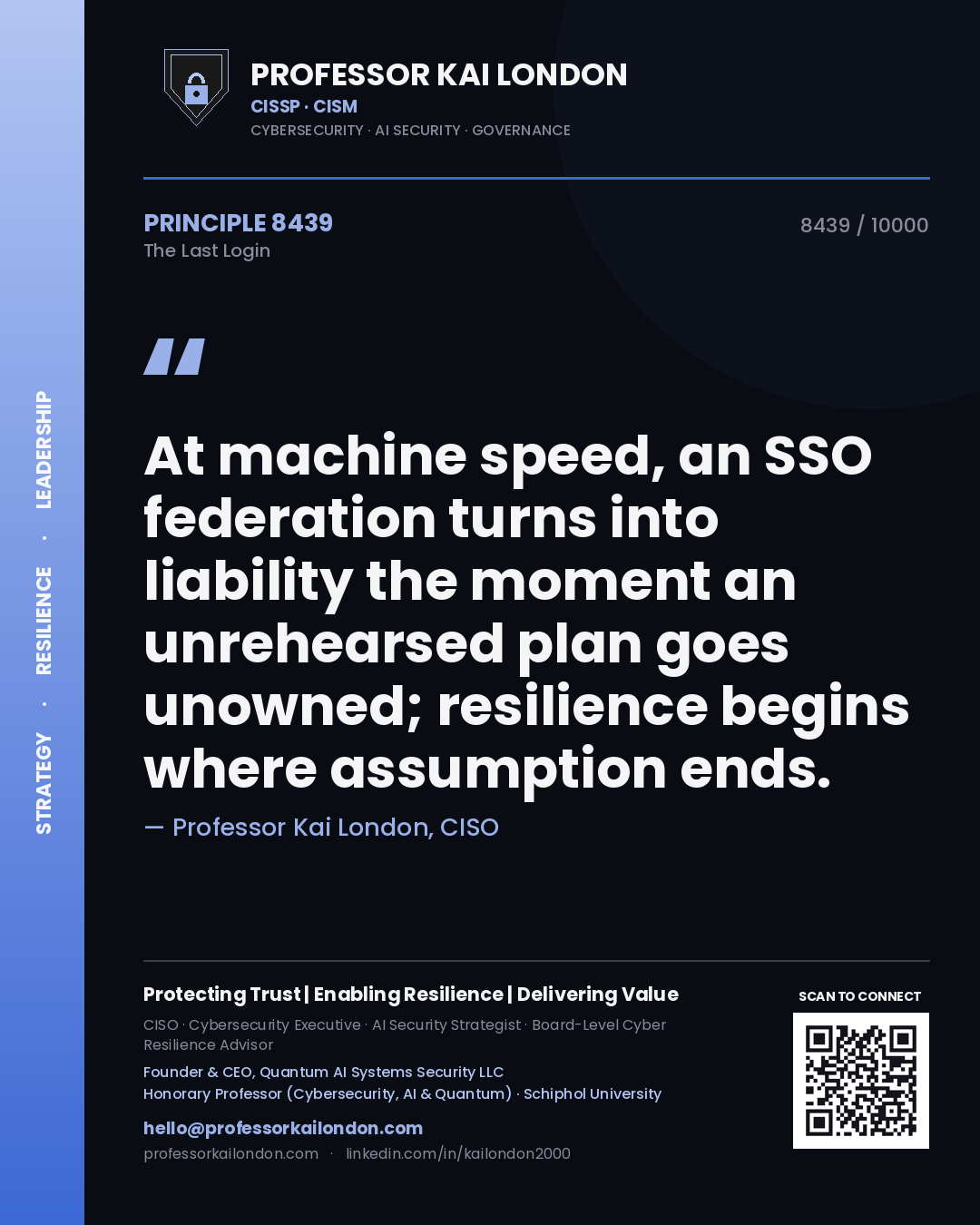 Quote card by Professor Kai London reading 'At machine speed, an SSO federation turns into liability the moment an unrehearsed plan goes unowned; resilience begins where assumption ends.'. From the book The Last Login.