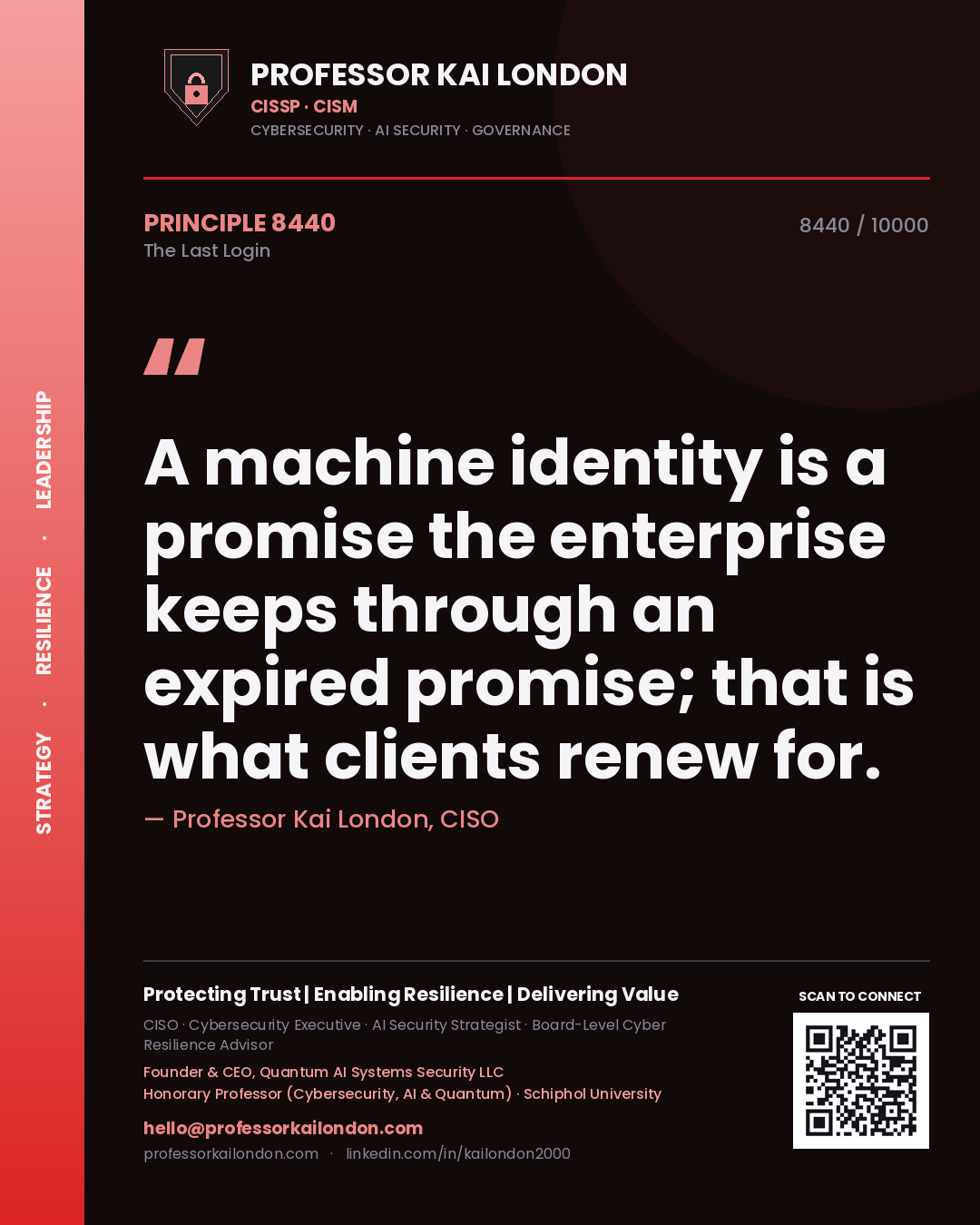 Quote card by Professor Kai London reading 'A machine identity is a promise the enterprise keeps through an expired promise; that is what clients renew for.'. From the book The Last Login.