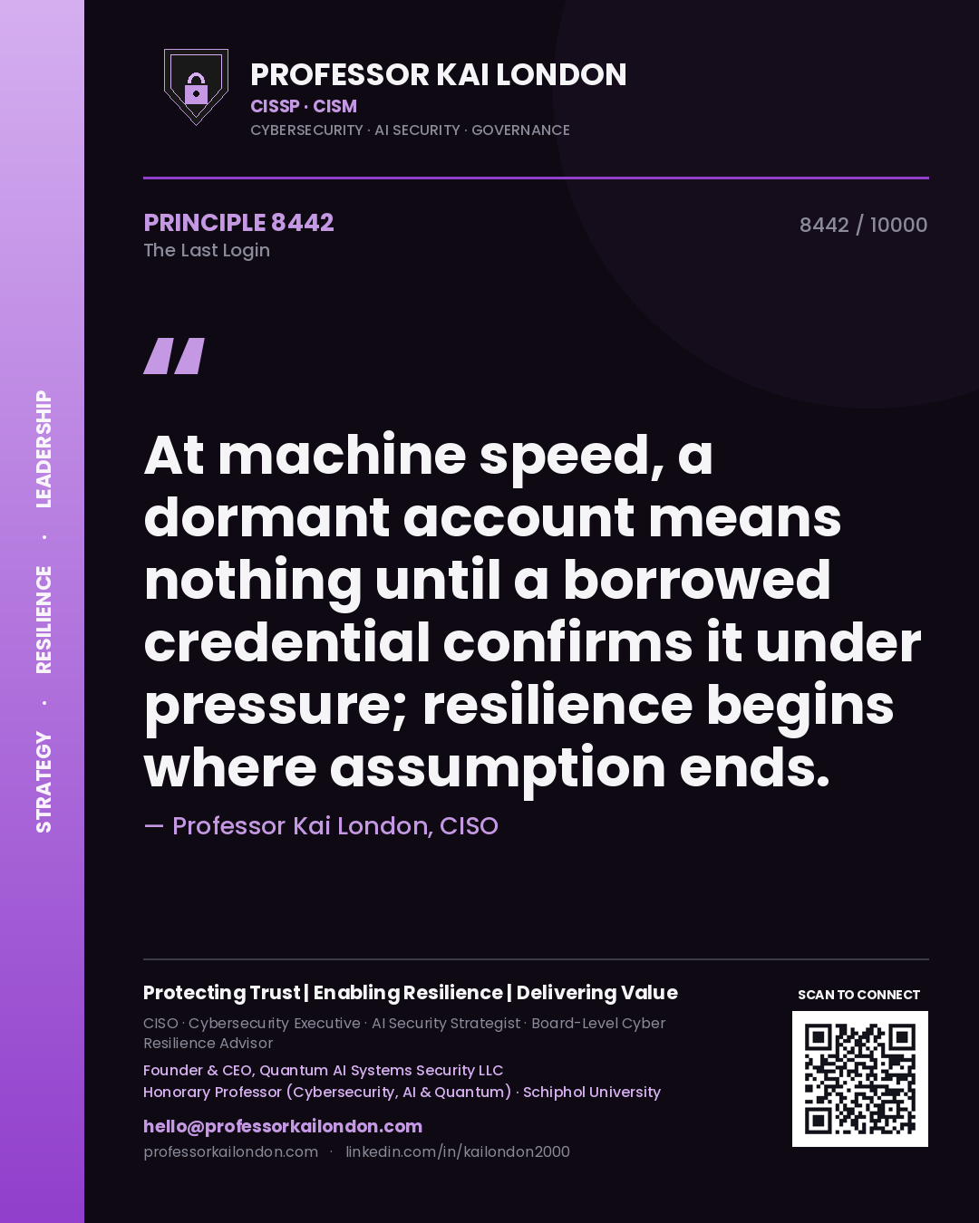 Quote card by Professor Kai London reading 'At machine speed, a dormant account means nothing until a borrowed credential confirms it under pressure; resilience begins where assumption ends.'. From the book The Last Login.