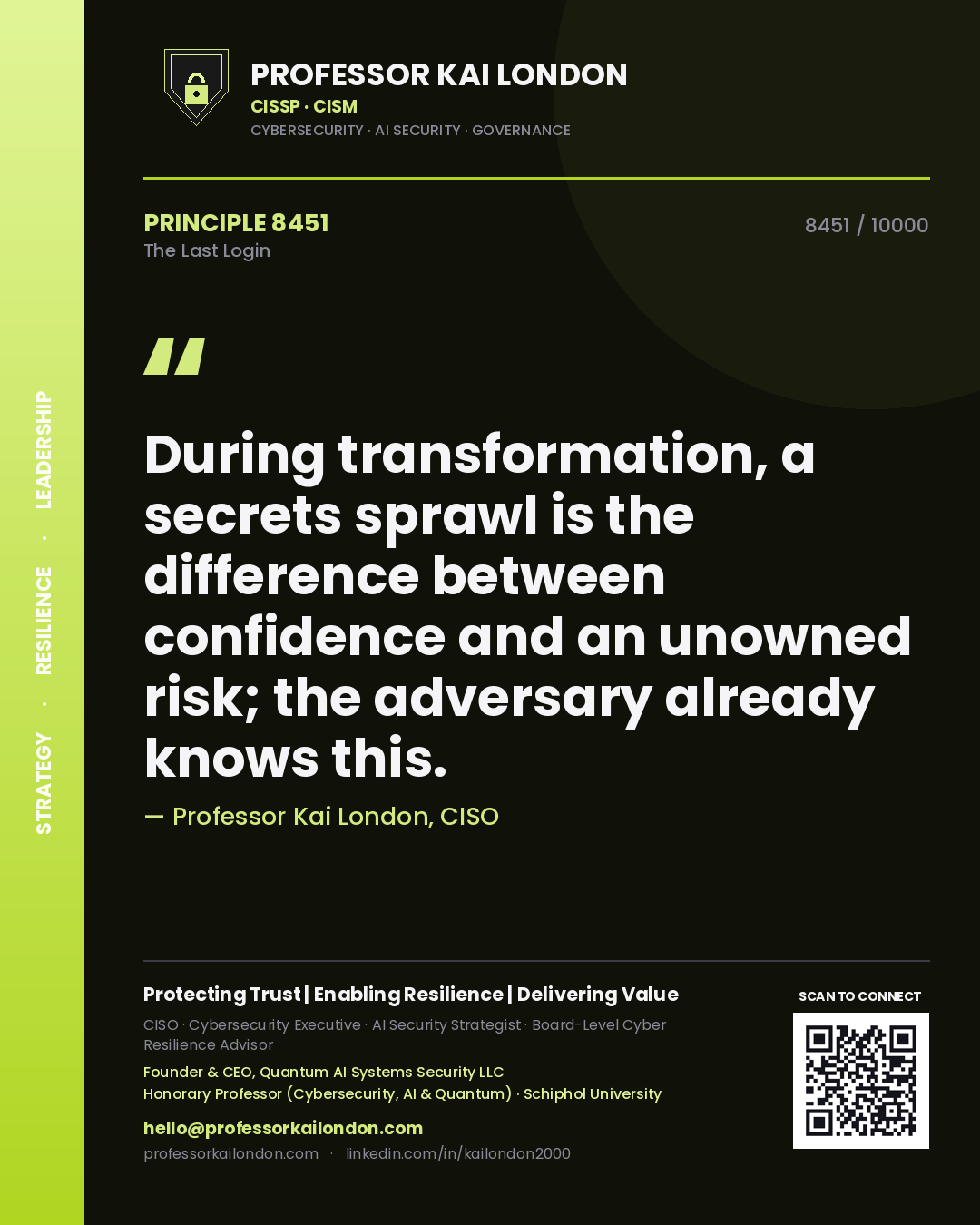 Quote card by Professor Kai London reading 'During transformation, a secrets sprawl is the difference between confidence and an unowned risk; the adversary already knows this.'. From the book The Last Login.