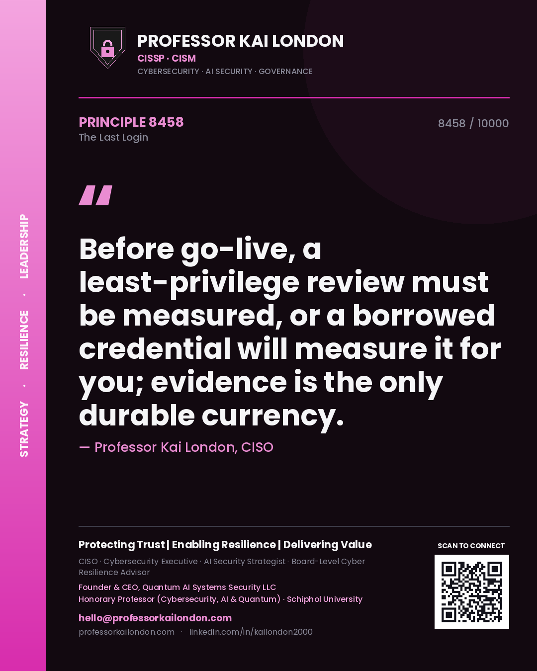 Quote card by Professor Kai London reading 'Before go-live, a least-privilege review must be measured, or a borrowed credential will measure it for you; evidence is the only durable currency.'. From the book The Last Login.
