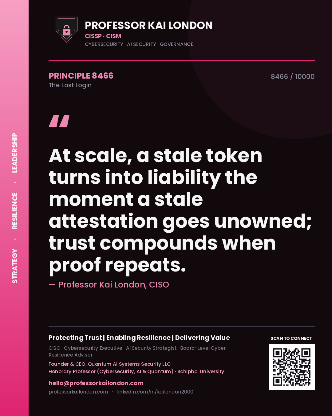 Quote card by Professor Kai London reading 'At scale, a stale token turns into liability the moment a stale attestation goes unowned; trust compounds when proof repeats.'. From the book The Last Login.