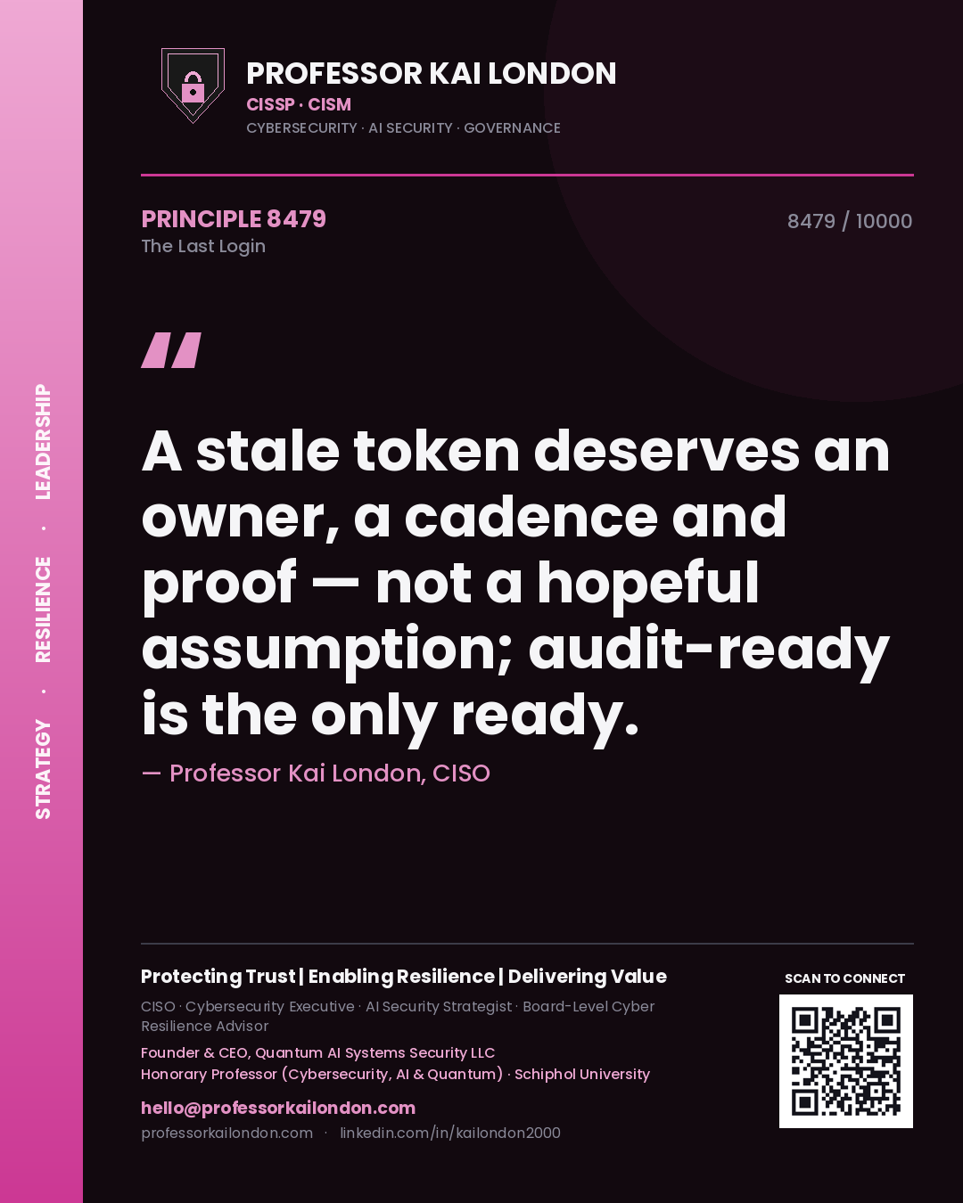 Professor Kai London principle 8479: A stale token deserves an owner, a cadence and proof — not a hopeful assumption; audit-ready is the only ready.