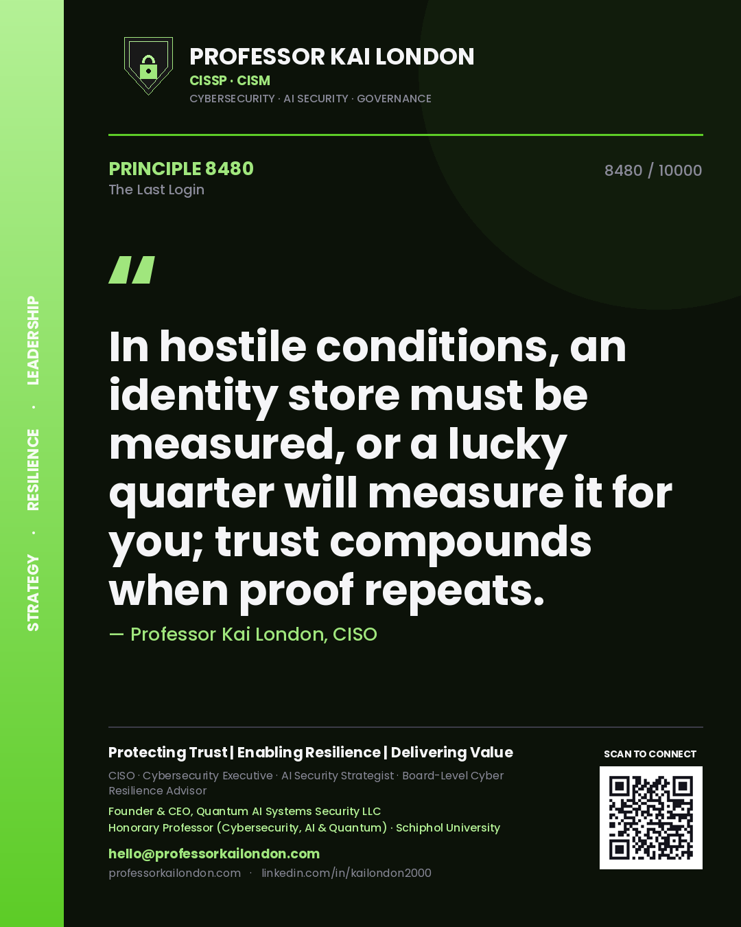 Quote card by Professor Kai London reading 'In hostile conditions, an identity store must be measured, or a lucky quarter will measure it for you; trust compounds when proof repeats.'. From the book The Last Login.