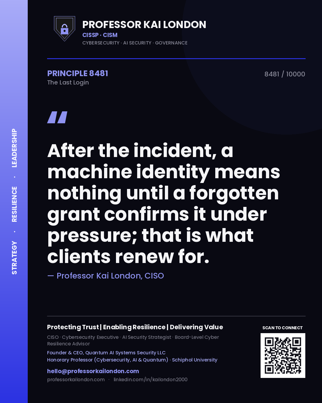 Quote card by Professor Kai London reading 'After the incident, a machine identity means nothing until a forgotten grant confirms it under pressure; that is what clients renew for.'. From the book The Last Login.