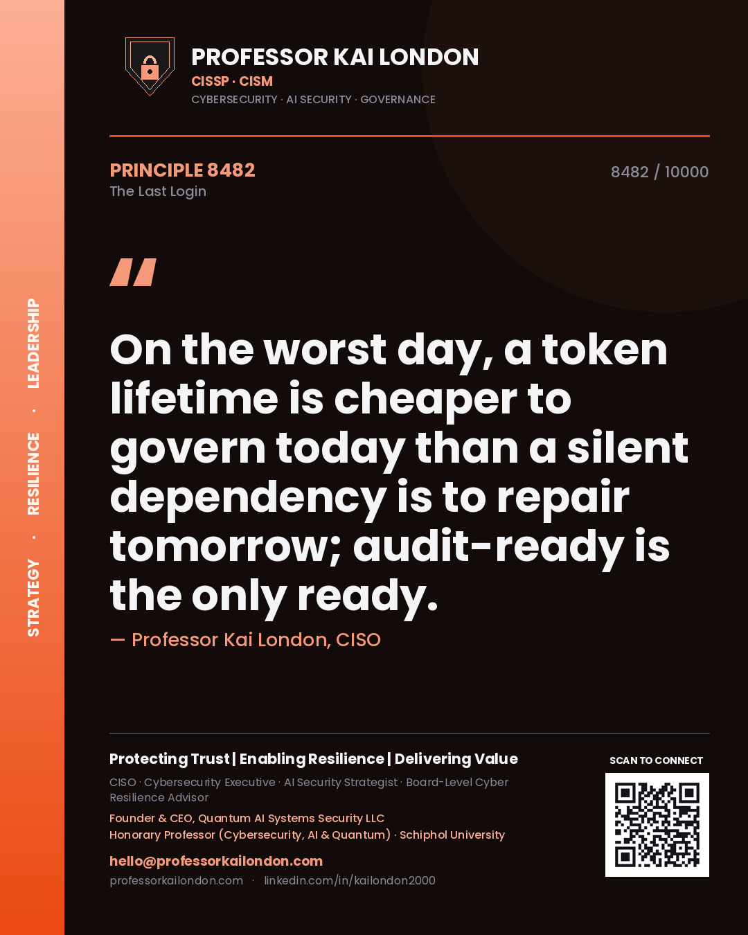 Quote card by Professor Kai London reading 'On the worst day, a token lifetime is cheaper to govern today than a silent dependency is to repair tomorrow; audit-ready is the only ready.'. From the book The Last Login.