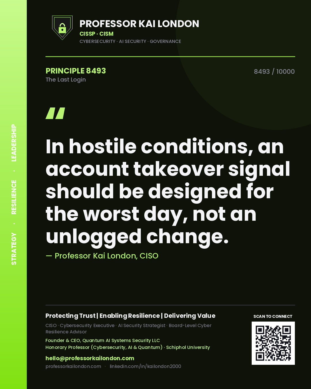 Quote card by Professor Kai London reading 'In hostile conditions, an account takeover signal should be designed for the worst day, not an unlogged change.'. From the book The Last Login.
