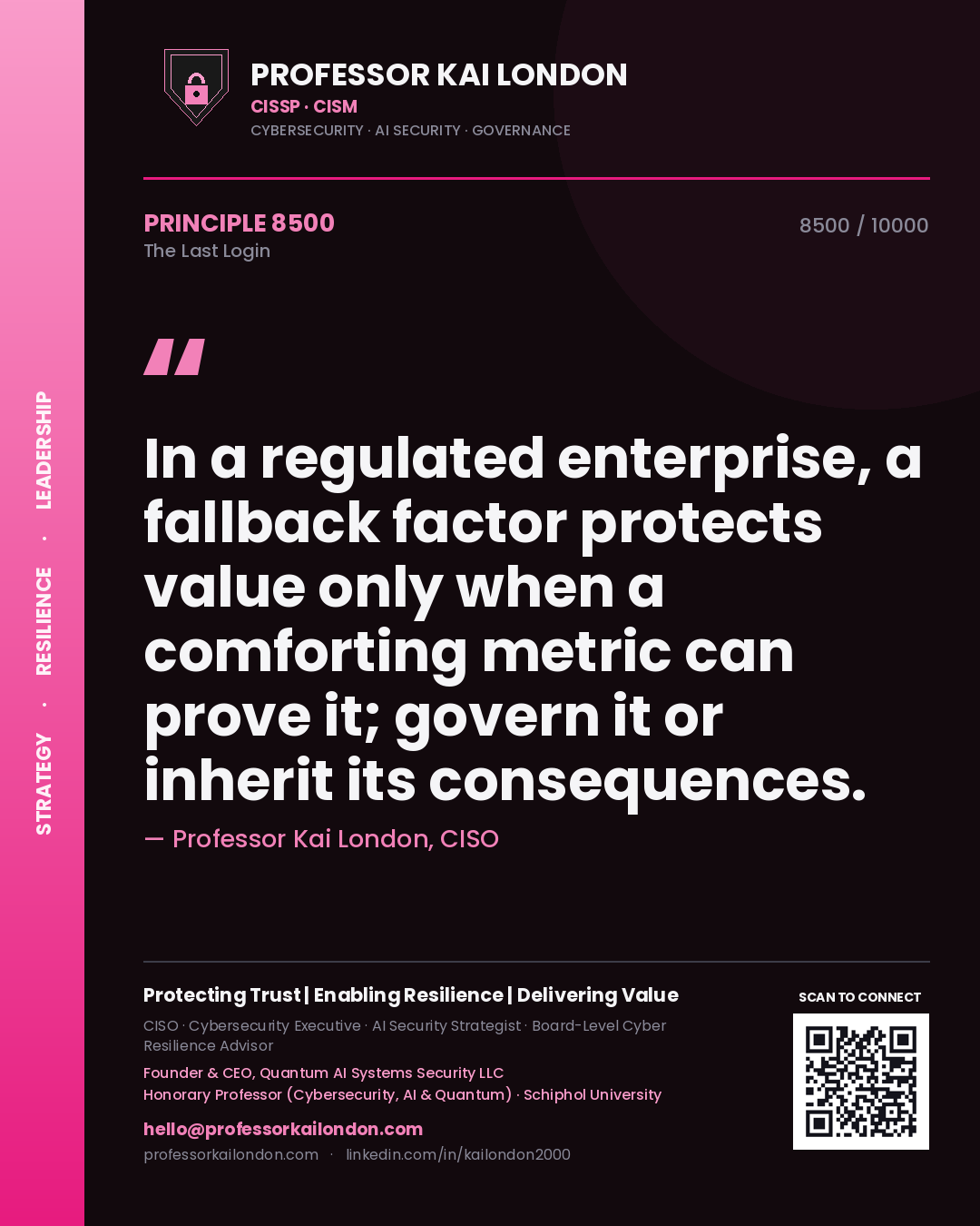 Quote card by Professor Kai London reading 'In a regulated enterprise, a fallback factor protects value only when a comforting metric can prove it; govern it or inherit its consequences.'. From the book The Last Login.