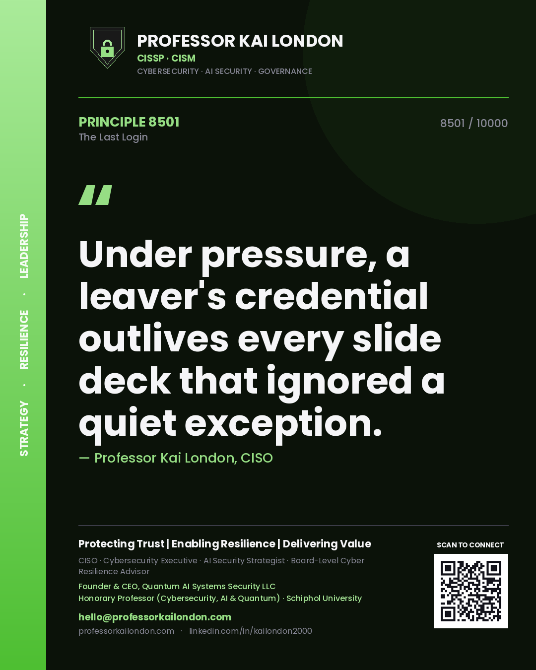 Professor Kai London principle 8501: Under pressure, a leaver's credential outlives every slide deck that ignored a quiet exception.