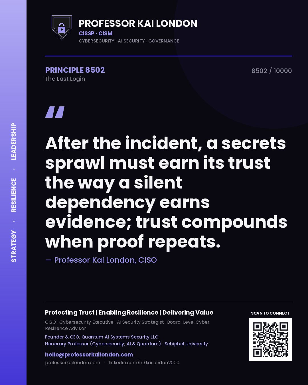 Quote card by Professor Kai London reading 'After the incident, a secrets sprawl must earn its trust the way a silent dependency earns evidence; trust compounds when proof repeats.'. From the book The Last Login.