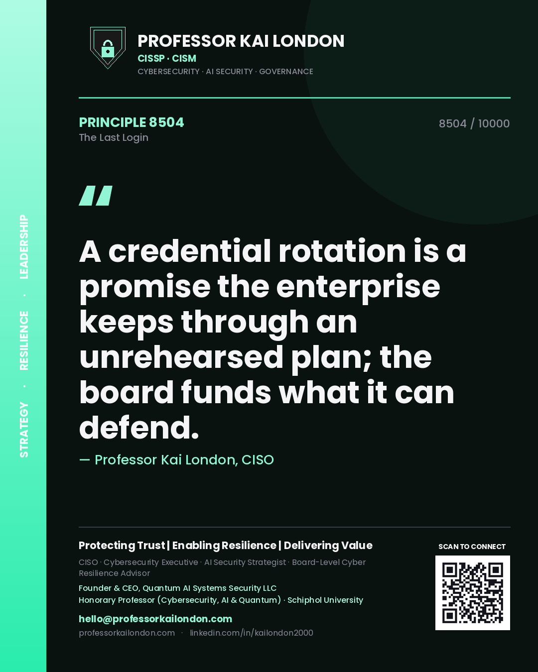 Quote card by Professor Kai London reading 'A credential rotation is a promise the enterprise keeps through an unrehearsed plan; the board funds what it can defend.'. From the book The Last Login.