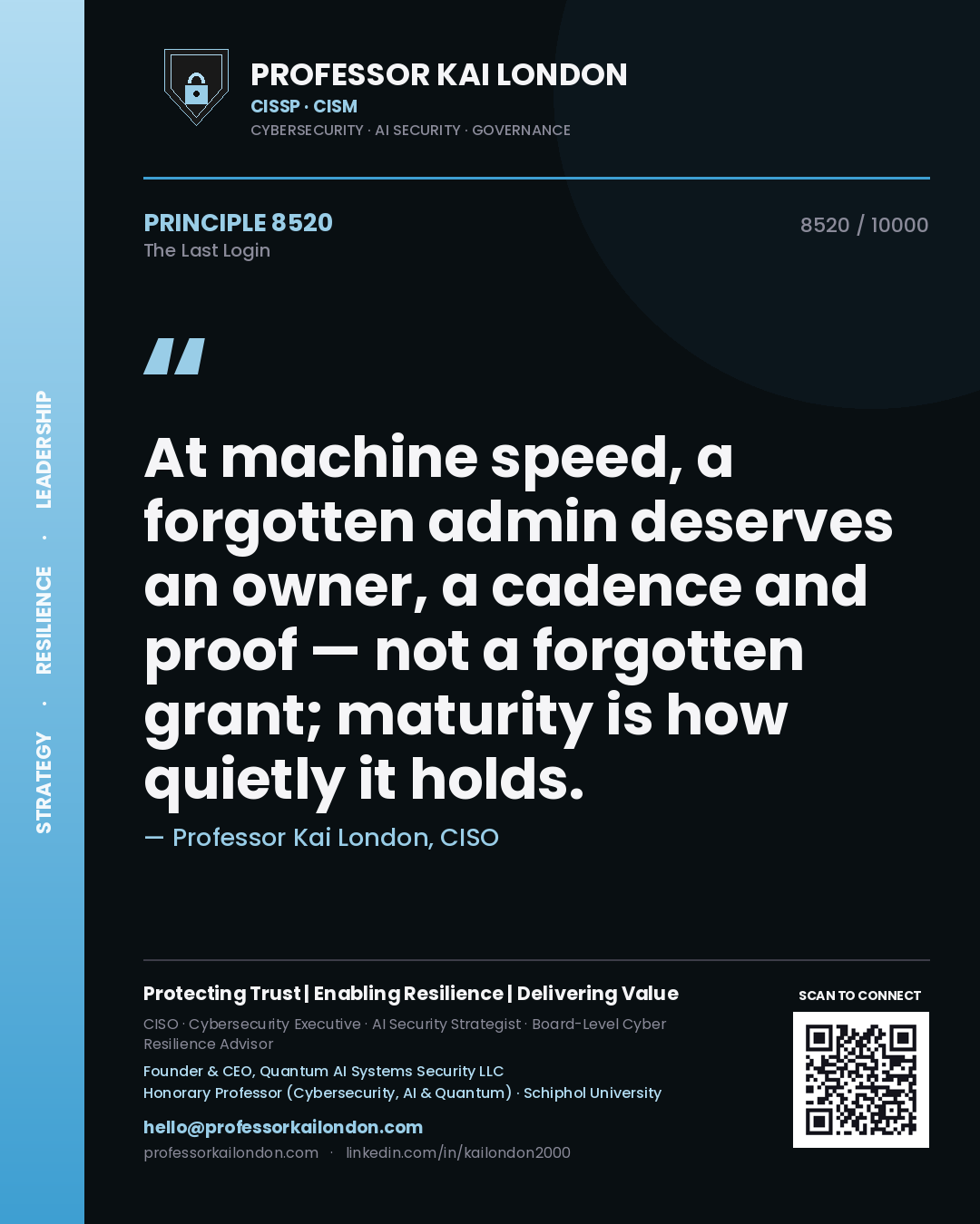 Quote card by Professor Kai London reading 'At machine speed, a forgotten admin deserves an owner, a cadence and proof — not a forgotten grant; maturity is how quietly it holds.'. From the book The Last Login.