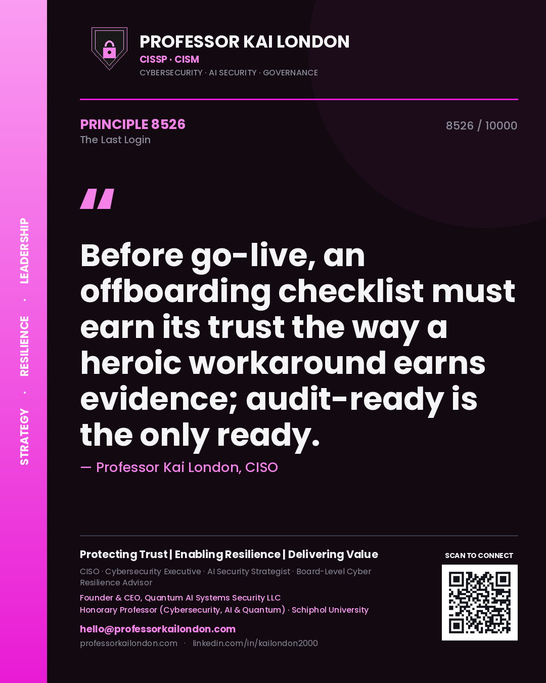 Quote card by Professor Kai London reading 'Before go-live, an offboarding checklist must earn its trust the way a heroic workaround earns evidence; audit-ready is the only ready.'. From the book The Last Login.
