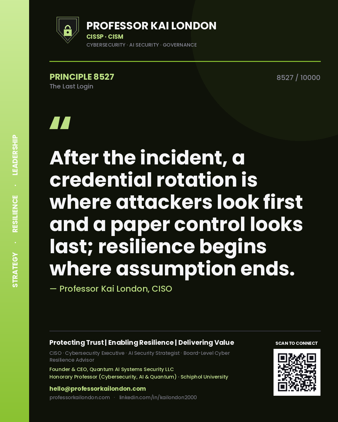 Quote card by Professor Kai London reading 'After the incident, a credential rotation is where attackers look first and a paper control looks last; resilience begins where assumption ends.'. From the book The Last Login.