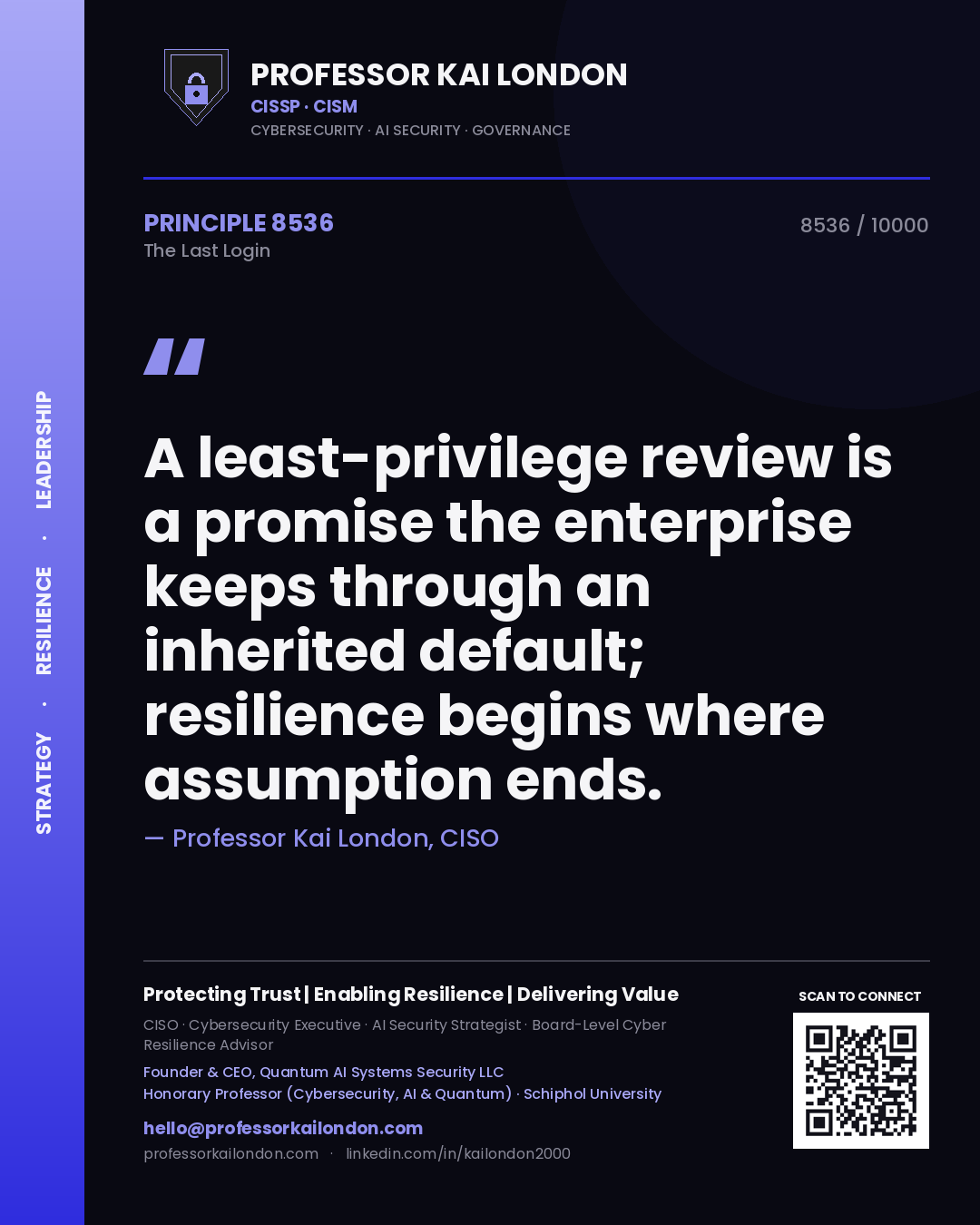 Professor Kai London principle 8536: A least-privilege review is a promise the enterprise keeps through an inherited default; resilience begins where assumption ends.
