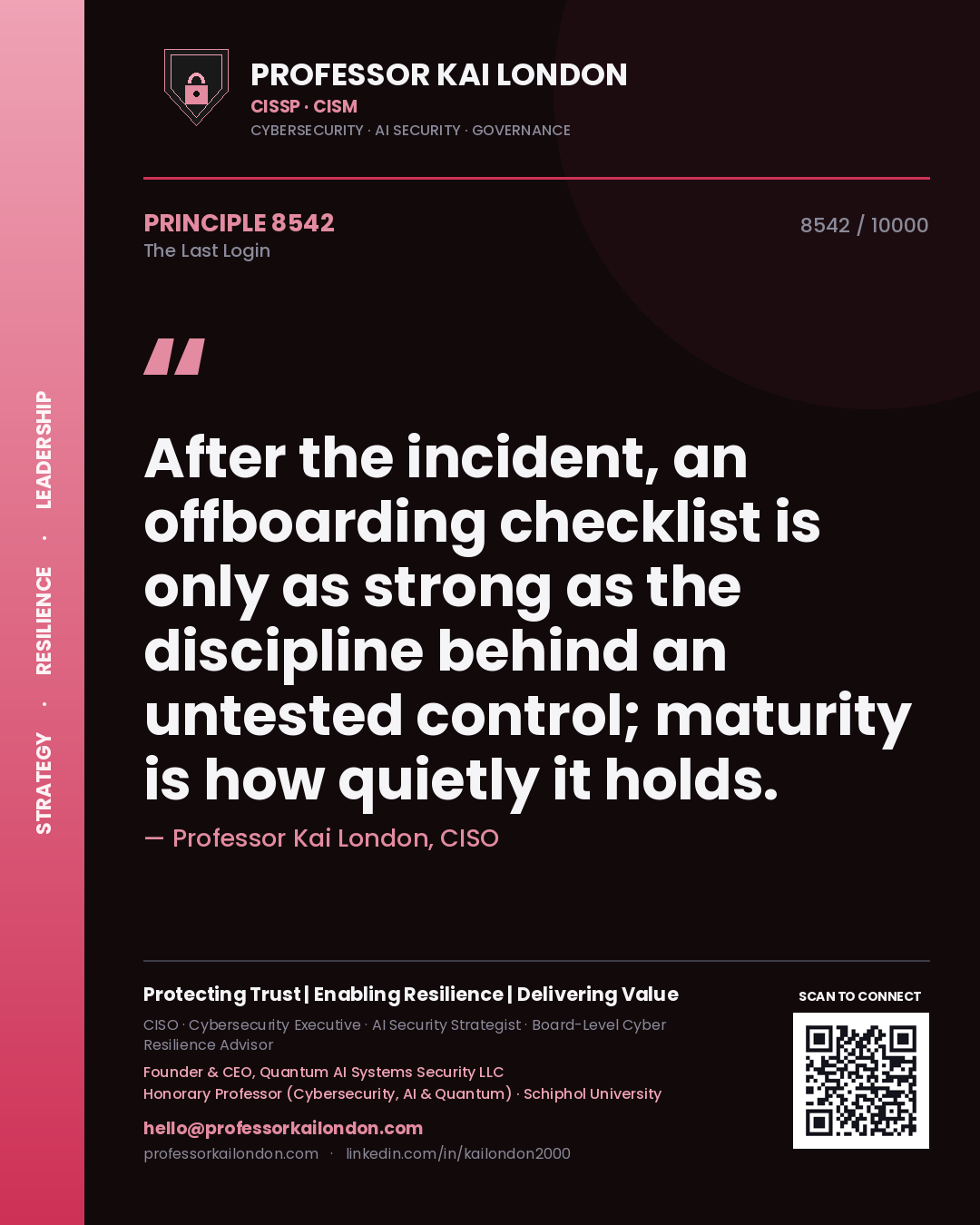 Quote card by Professor Kai London reading 'After the incident, an offboarding checklist is only as strong as the discipline behind an untested control; maturity is how quietly it holds.'. From the book The Last Login.