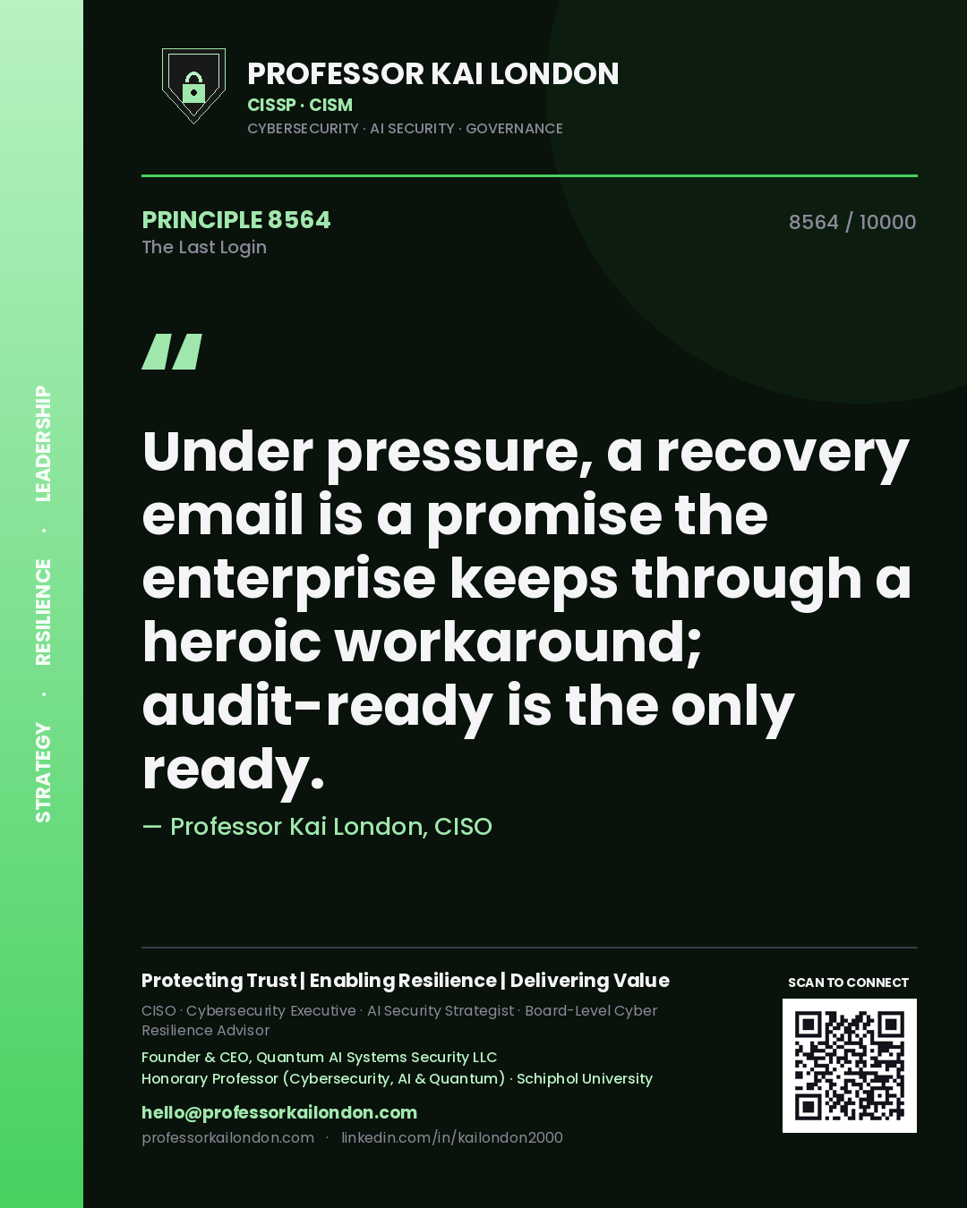 Professor Kai London principle 8564: Under pressure, a recovery email is a promise the enterprise keeps through a heroic workaround; audit-ready is the only ready.