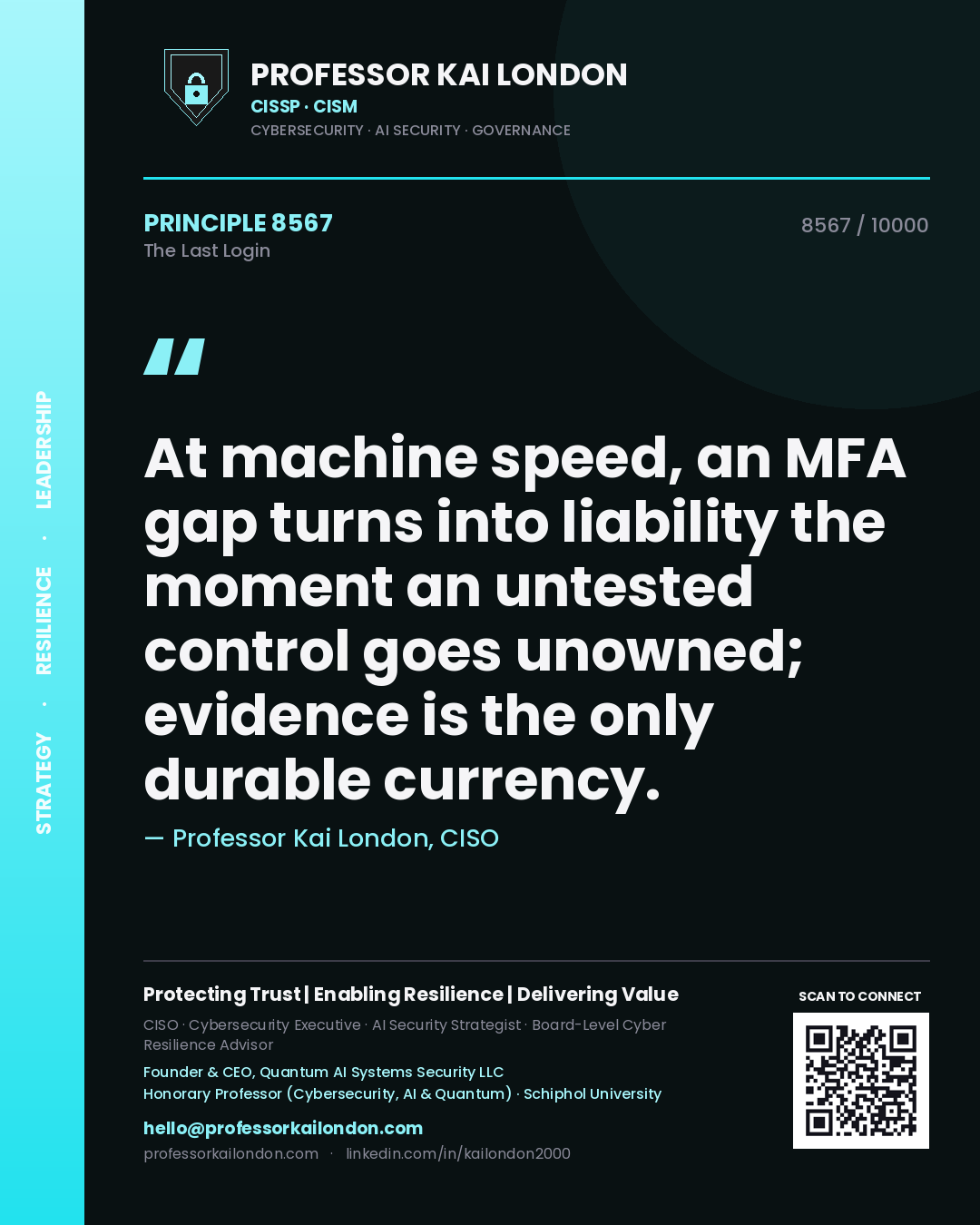 Professor Kai London principle 8567: At machine speed, an MFA gap turns into liability the moment an untested control goes unowned; evidence is the only durable currency.