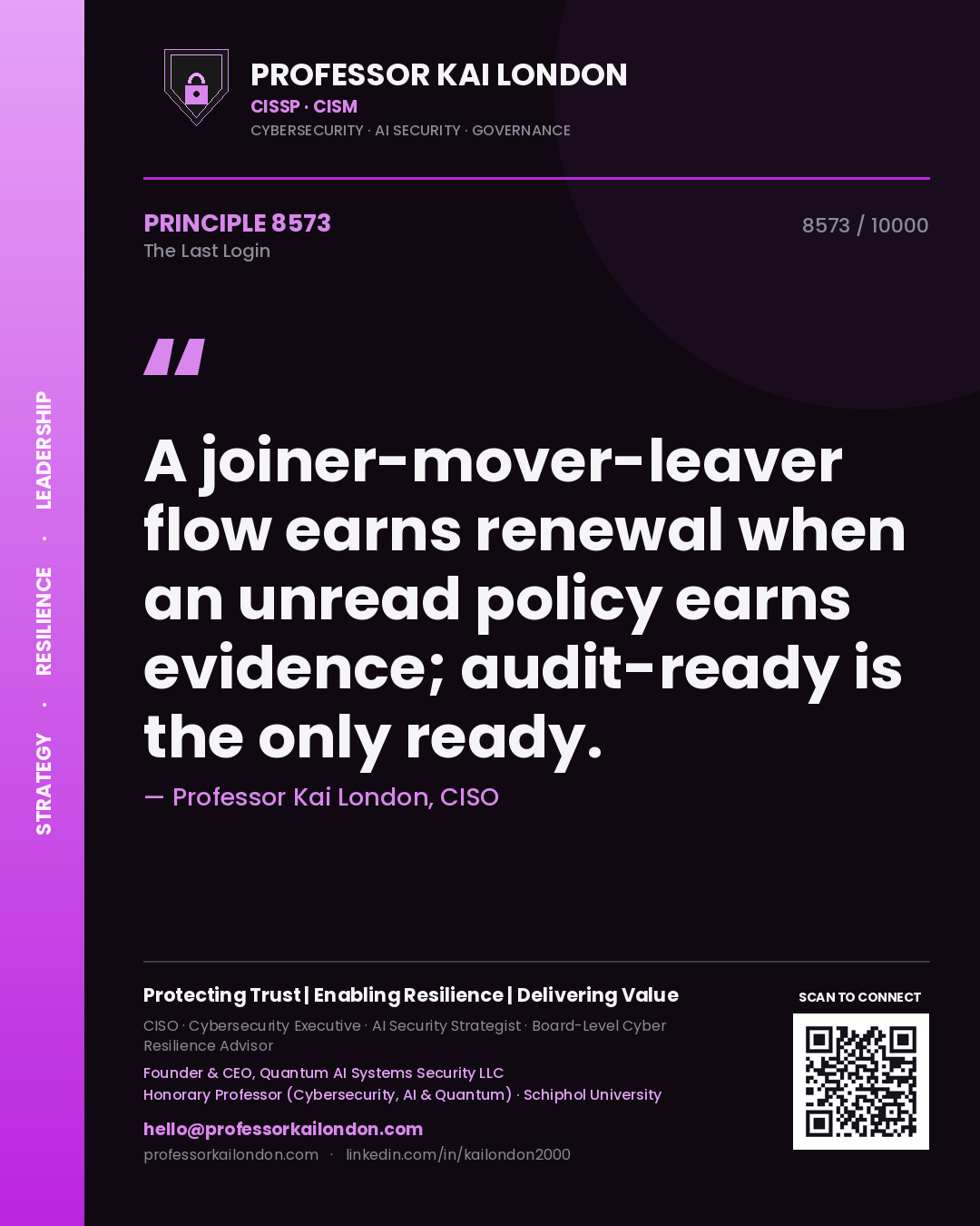 Quote card by Professor Kai London reading 'A joiner-mover-leaver flow earns renewal when an unread policy earns evidence; audit-ready is the only ready.'. From the book The Last Login.