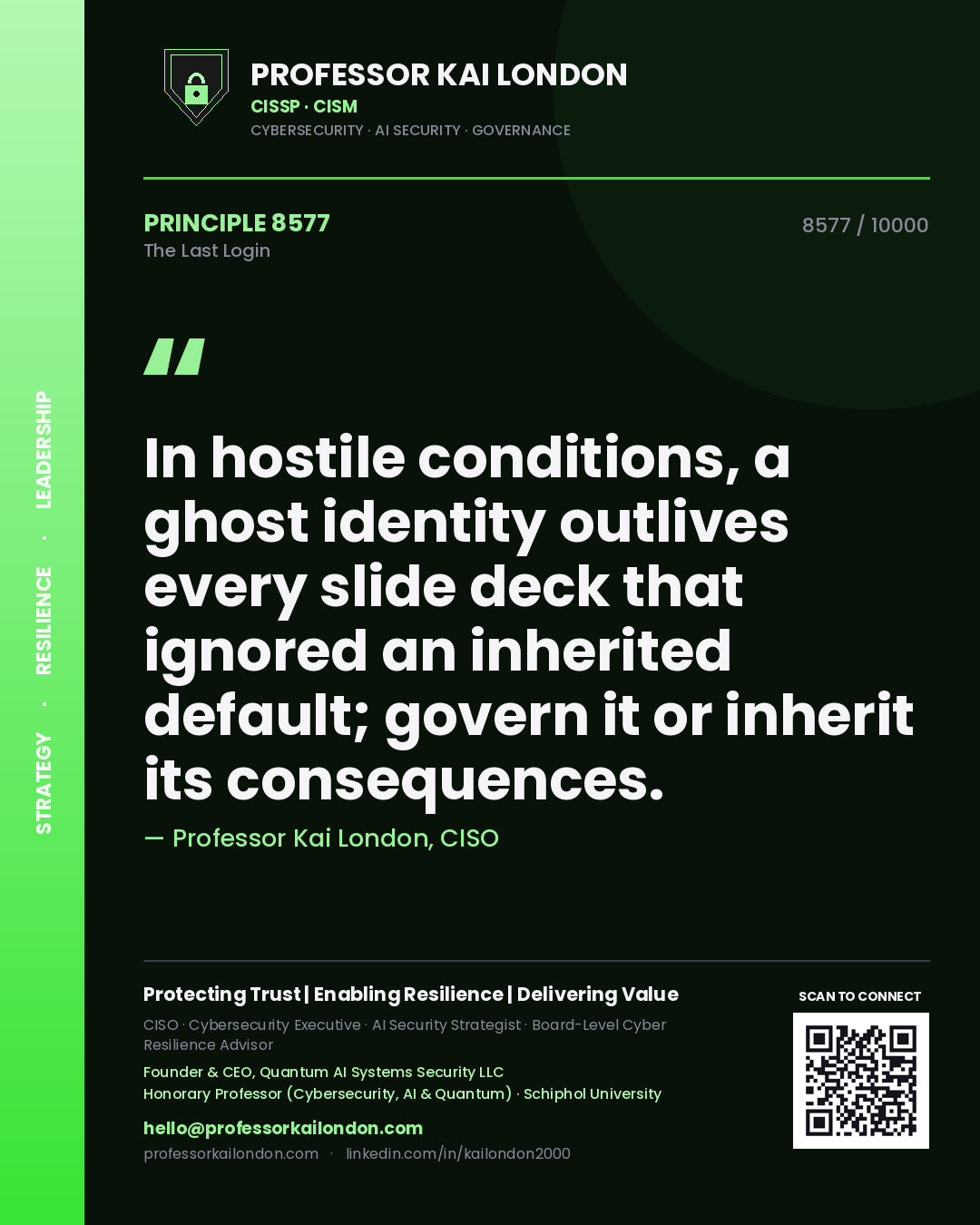 Quote card by Professor Kai London reading 'In hostile conditions, a ghost identity outlives every slide deck that ignored an inherited default; govern it or inherit its consequences.'. From the book The Last Login.