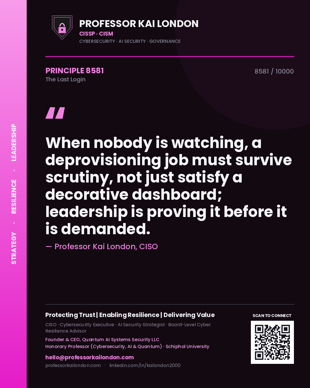 Professor Kai London principle 8581: When nobody is watching, a deprovisioning job must survive scrutiny, not just satisfy a decorative dashboard; leadership is proving it before it is demanded.
