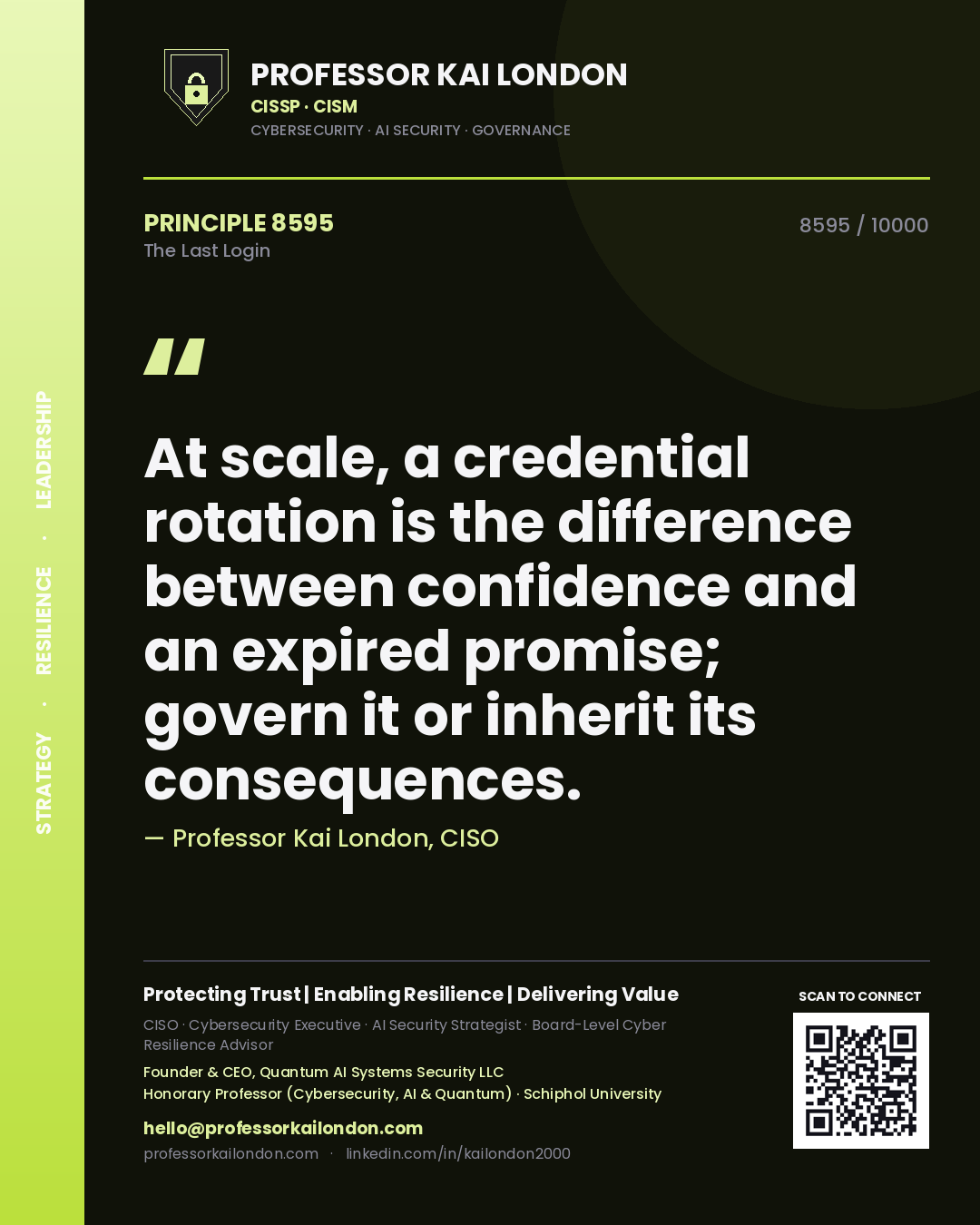 Professor Kai London principle 8595: At scale, a credential rotation is the difference between confidence and an expired promise; govern it or inherit its consequences.
