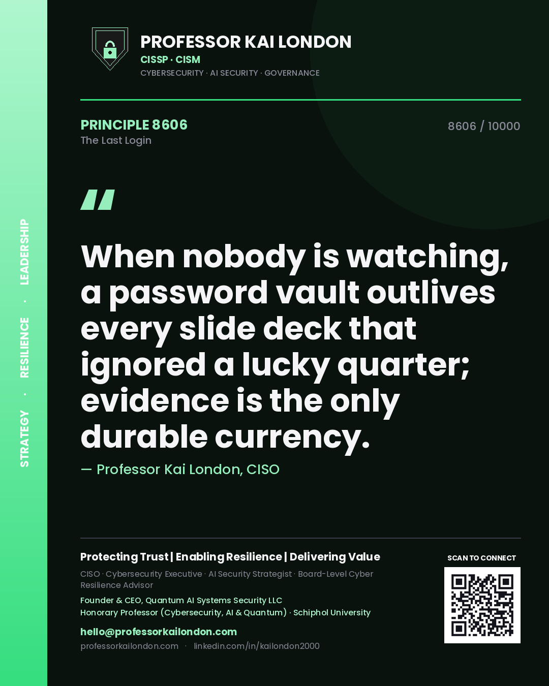 Quote card by Professor Kai London reading 'When nobody is watching, a password vault outlives every slide deck that ignored a lucky quarter; evidence is the only durable currency.'. From the book The Last Login.