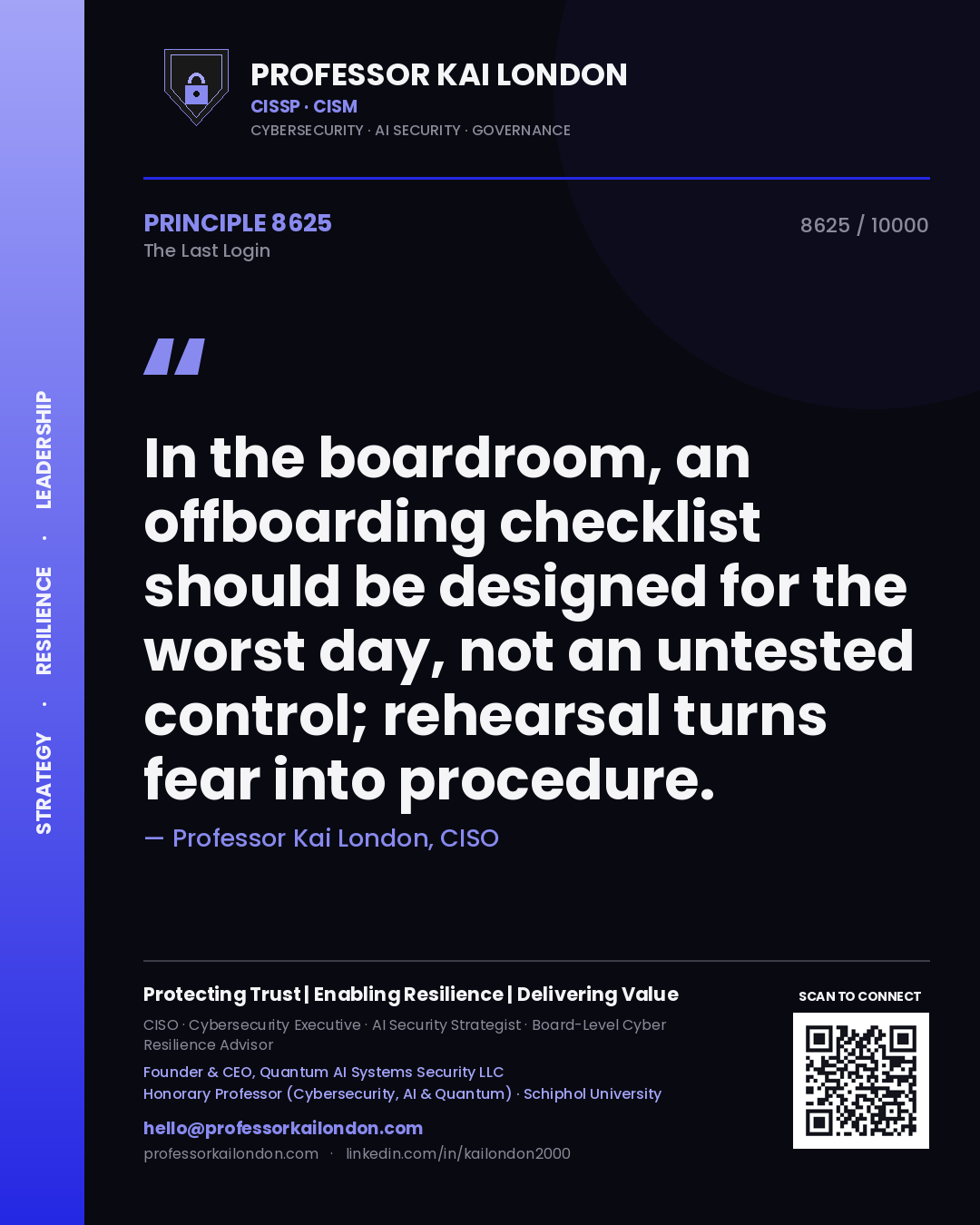 Professor Kai London principle 8625: In the boardroom, an offboarding checklist should be designed for the worst day, not an untested control; rehearsal turns fear into procedure.