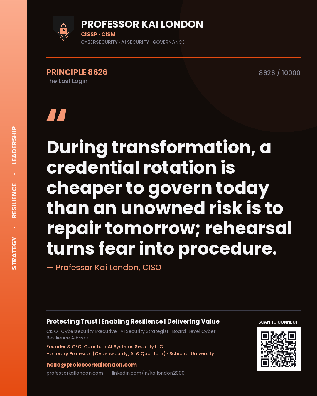 Professor Kai London principle 8626: During transformation, a credential rotation is cheaper to govern today than an unowned risk is to repair tomorrow; rehearsal turns fear into procedure.