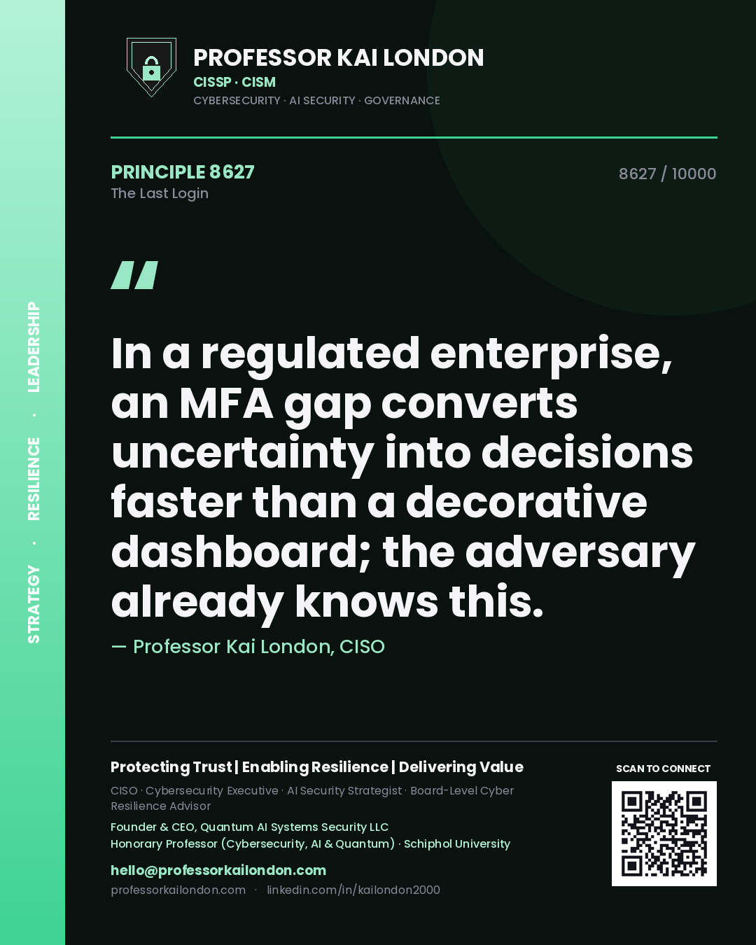 Professor Kai London principle 8627: In a regulated enterprise, an MFA gap converts uncertainty into decisions faster than a decorative dashboard; the adversary already knows this.