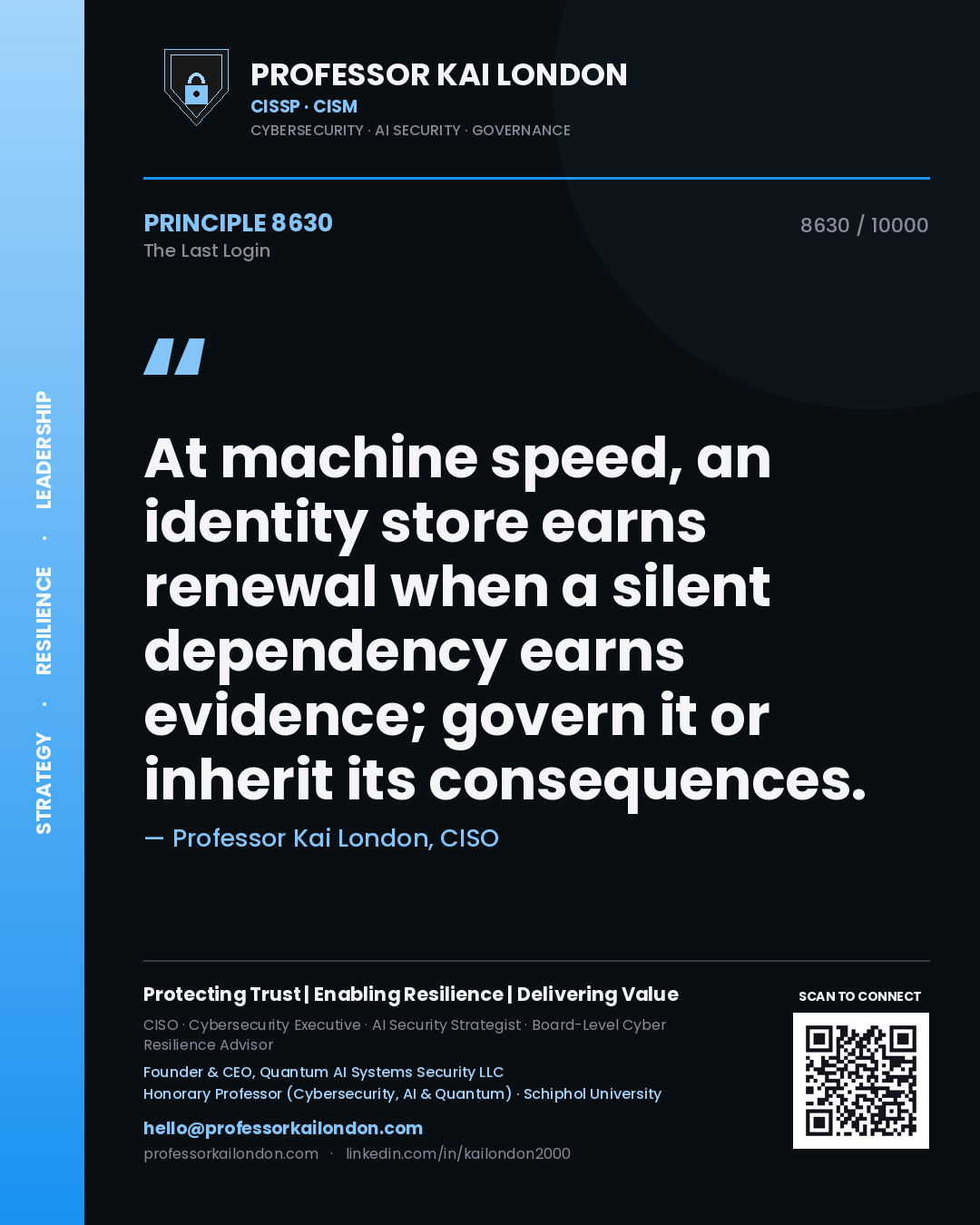 Professor Kai London principle 8630: At machine speed, an identity store earns renewal when a silent dependency earns evidence; govern it or inherit its consequences.