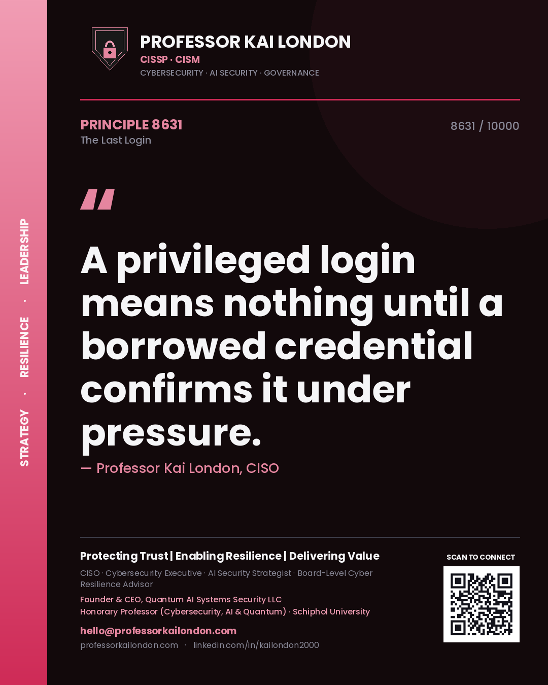 Professor Kai London principle 8631: A privileged login means nothing until a borrowed credential confirms it under pressure.