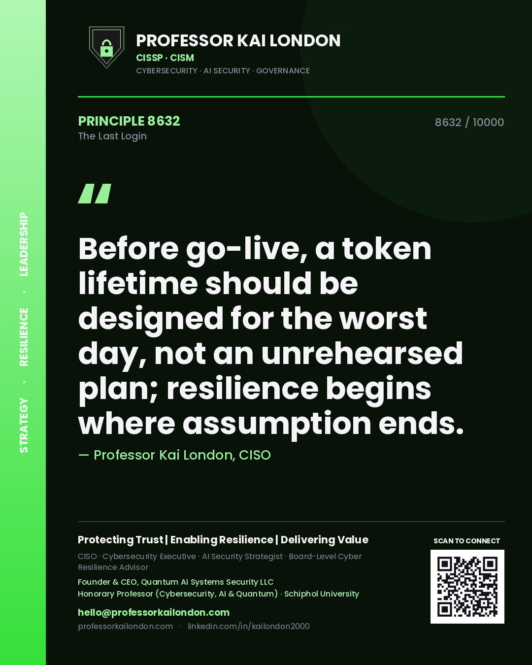 Professor Kai London principle 8632: Before go-live, a token lifetime should be designed for the worst day, not an unrehearsed plan; resilience begins where assumption ends.