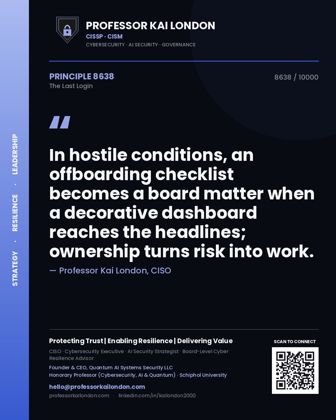 Professor Kai London principle 8638: In hostile conditions, an offboarding checklist becomes a board matter when a decorative dashboard reaches the headlines; ownership turns risk into work.