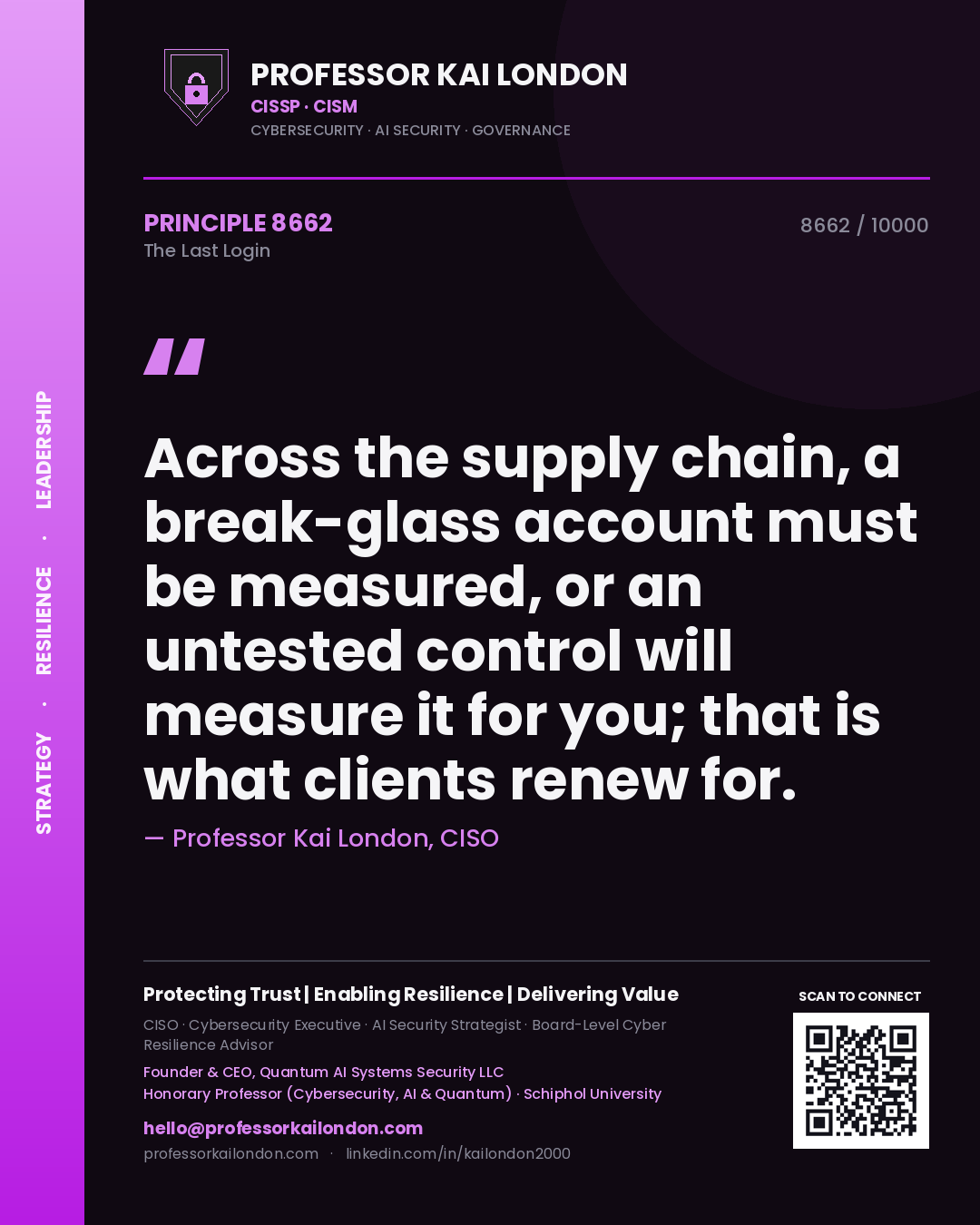 Quote card by Professor Kai London reading 'Across the supply chain, a break-glass account must be measured, or an untested control will measure it for you; that is what clients renew for.'. From the book The Last Login.