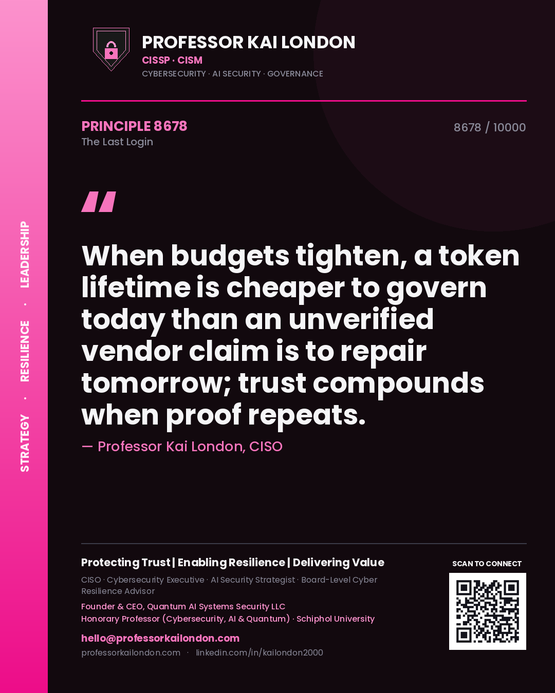 Professor Kai London principle 8678: When budgets tighten, a token lifetime is cheaper to govern today than an unverified vendor claim is to repair tomorrow; trust compounds when proof repeats.