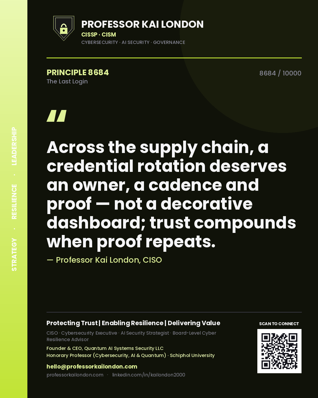 Professor Kai London principle 8684: Across the supply chain, a credential rotation deserves an owner, a cadence and proof — not a decorative dashboard; trust compounds when proof repeats.