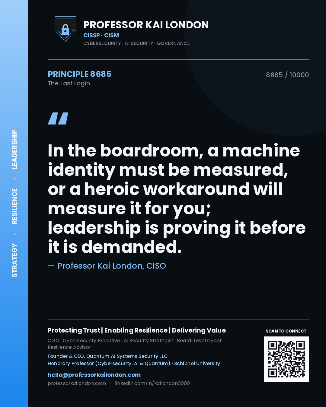 Quote card by Professor Kai London reading 'In the boardroom, a machine identity must be measured, or a heroic workaround will measure it for you; leadership is proving it before it is demanded.'. From the book The Last Login.