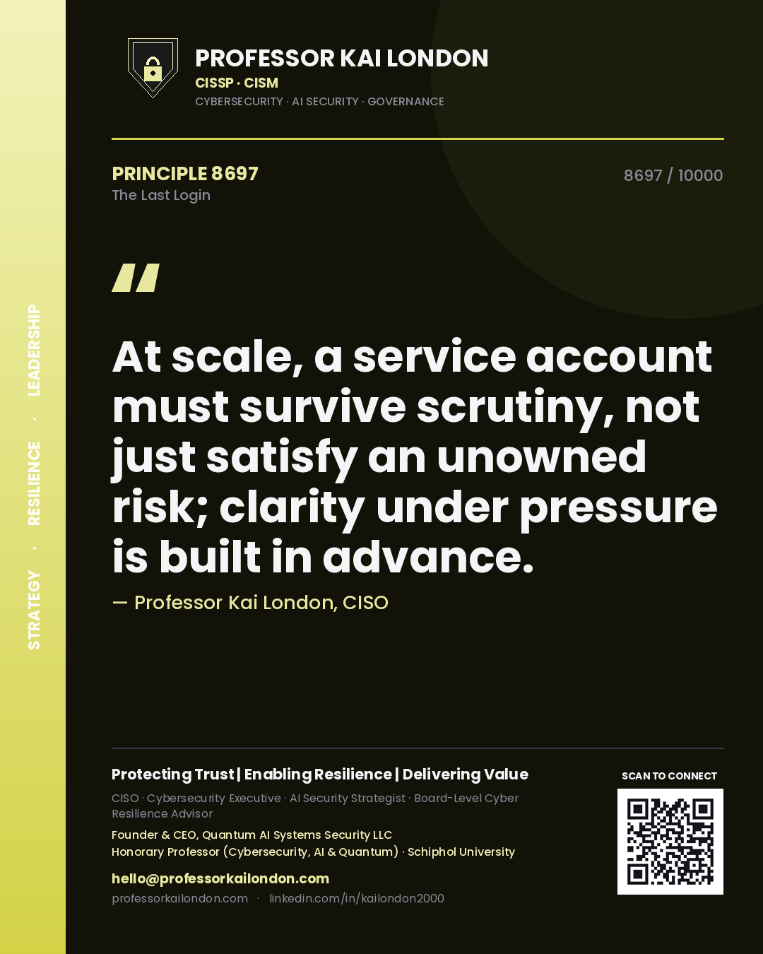Professor Kai London principle 8697: At scale, a service account must survive scrutiny, not just satisfy an unowned risk; clarity under pressure is built in advance.