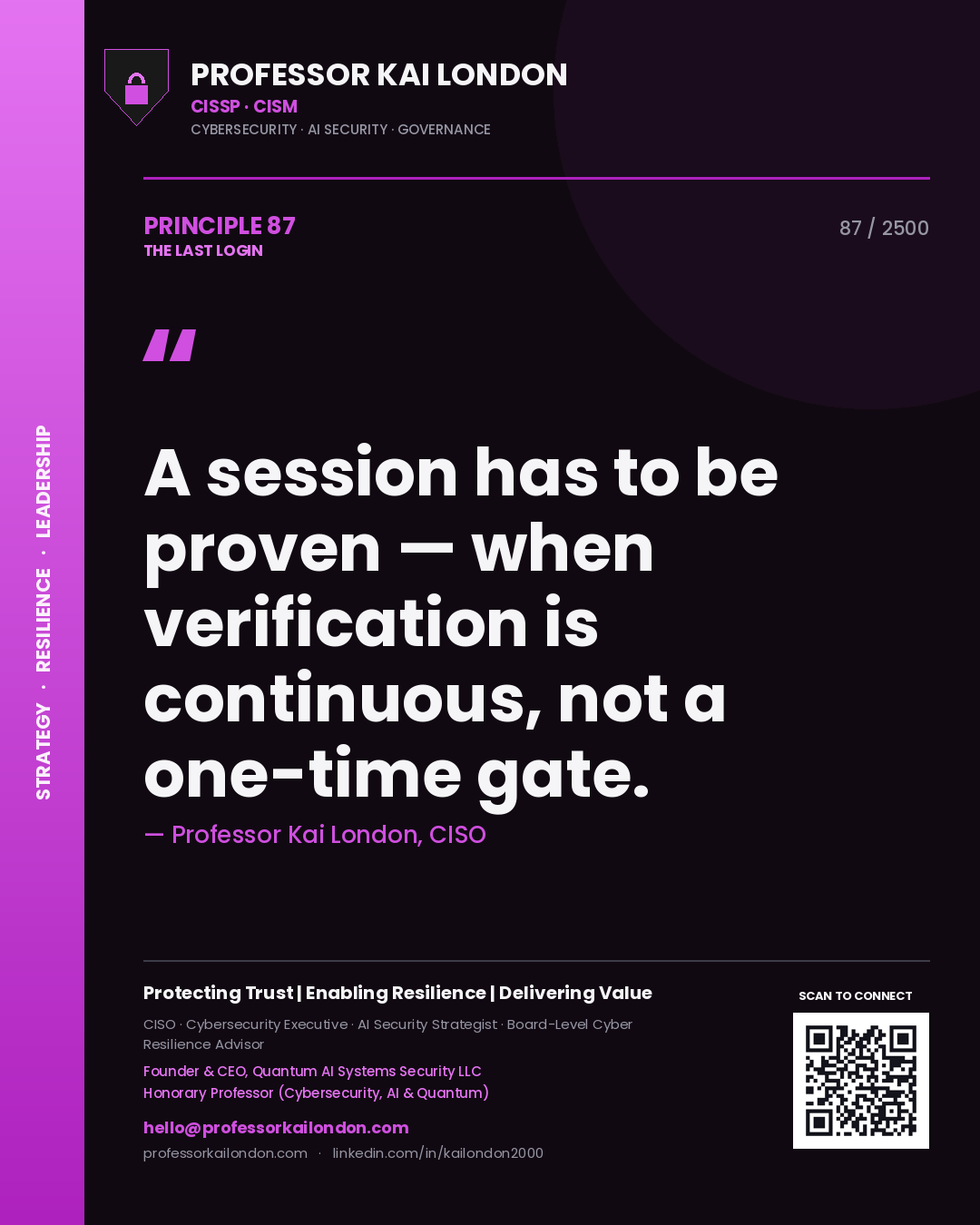 Quote card by Professor Kai London reading 'A session has to be proven — when verification is continuous, not a one-time gate.'. From the book The Last Login.