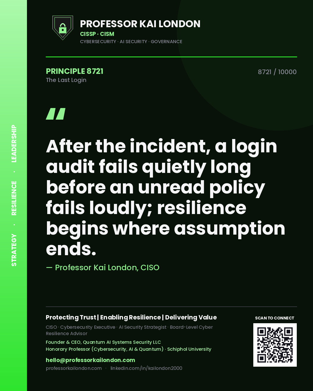 Quote card by Professor Kai London reading 'After the incident, a login audit fails quietly long before an unread policy fails loudly; resilience begins where assumption ends.'. From the book The Last Login.