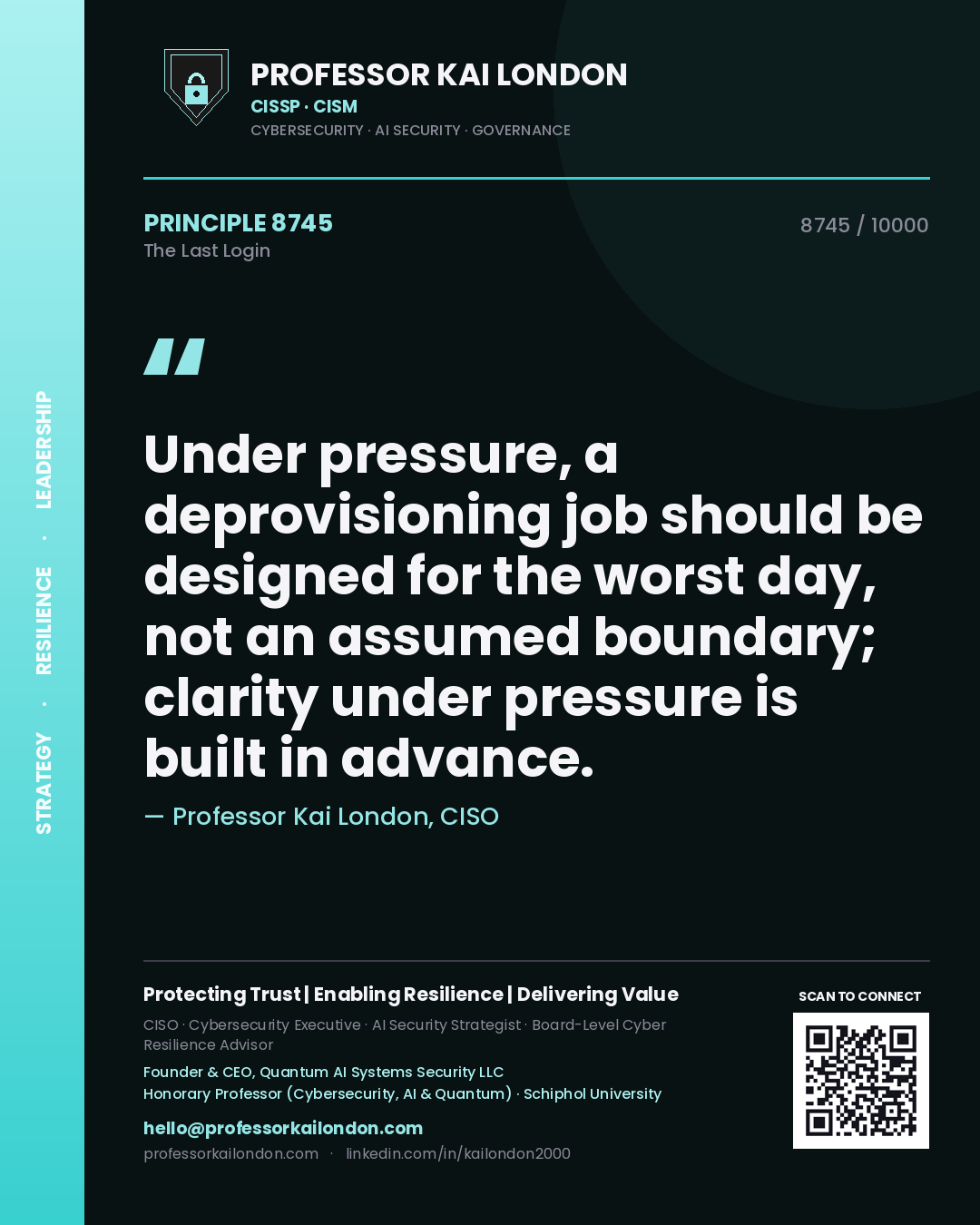 Quote card by Professor Kai London reading 'Under pressure, a deprovisioning job should be designed for the worst day, not an assumed boundary; clarity under pressure is built in advance.'. From the book The Last Login.