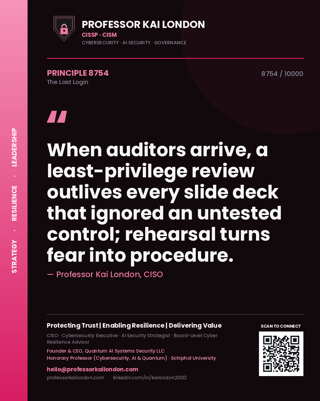 Professor Kai London principle 8754: When auditors arrive, a least-privilege review outlives every slide deck that ignored an untested control; rehearsal turns fear into procedure.