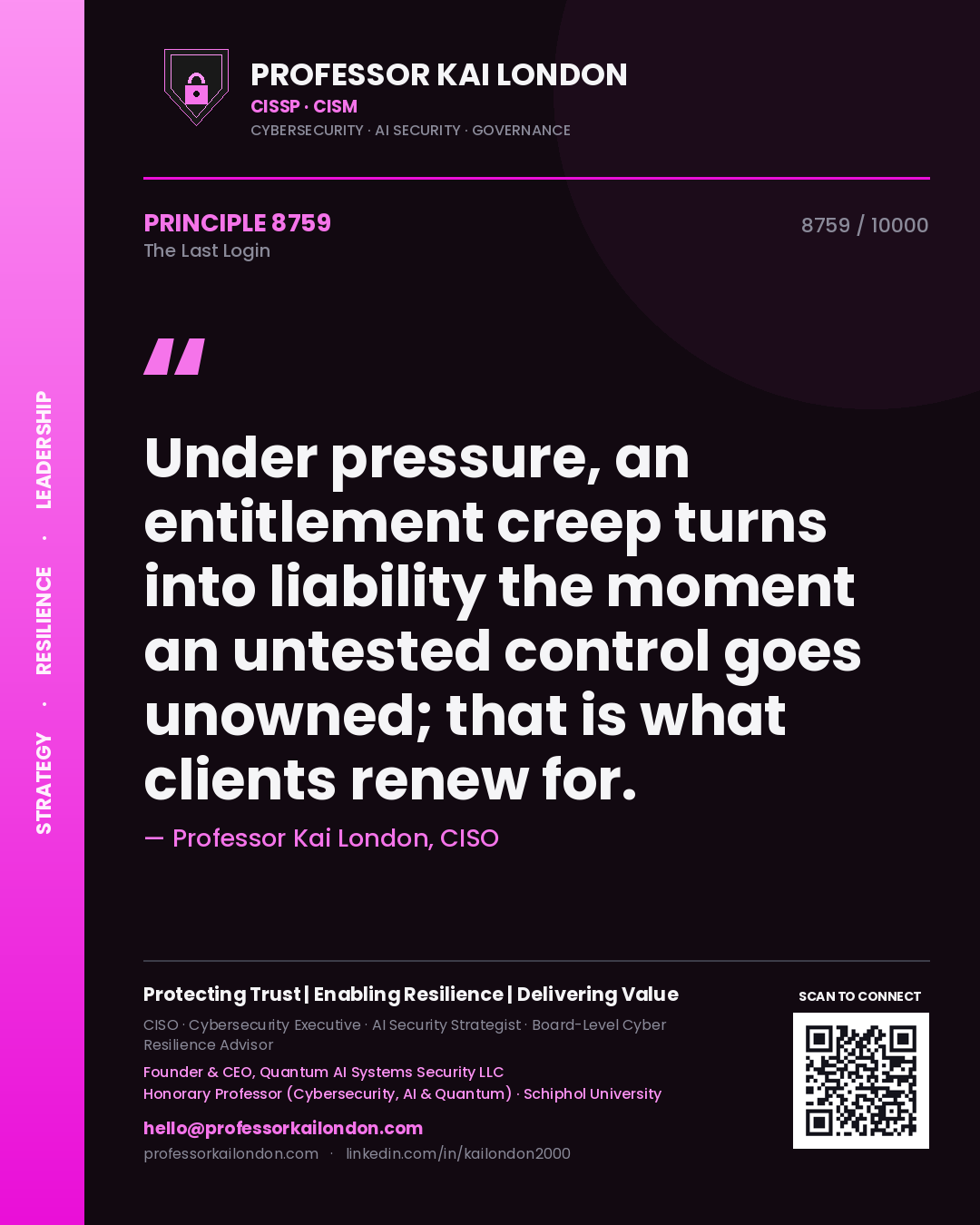 Quote card by Professor Kai London reading 'Under pressure, an entitlement creep turns into liability the moment an untested control goes unowned; that is what clients renew for.'. From the book The Last Login.