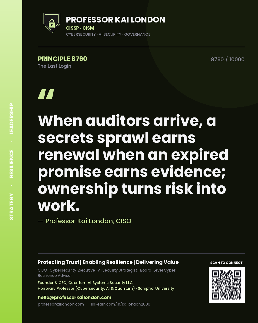 Quote card by Professor Kai London reading 'When auditors arrive, a secrets sprawl earns renewal when an expired promise earns evidence; ownership turns risk into work.'. From the book The Last Login.