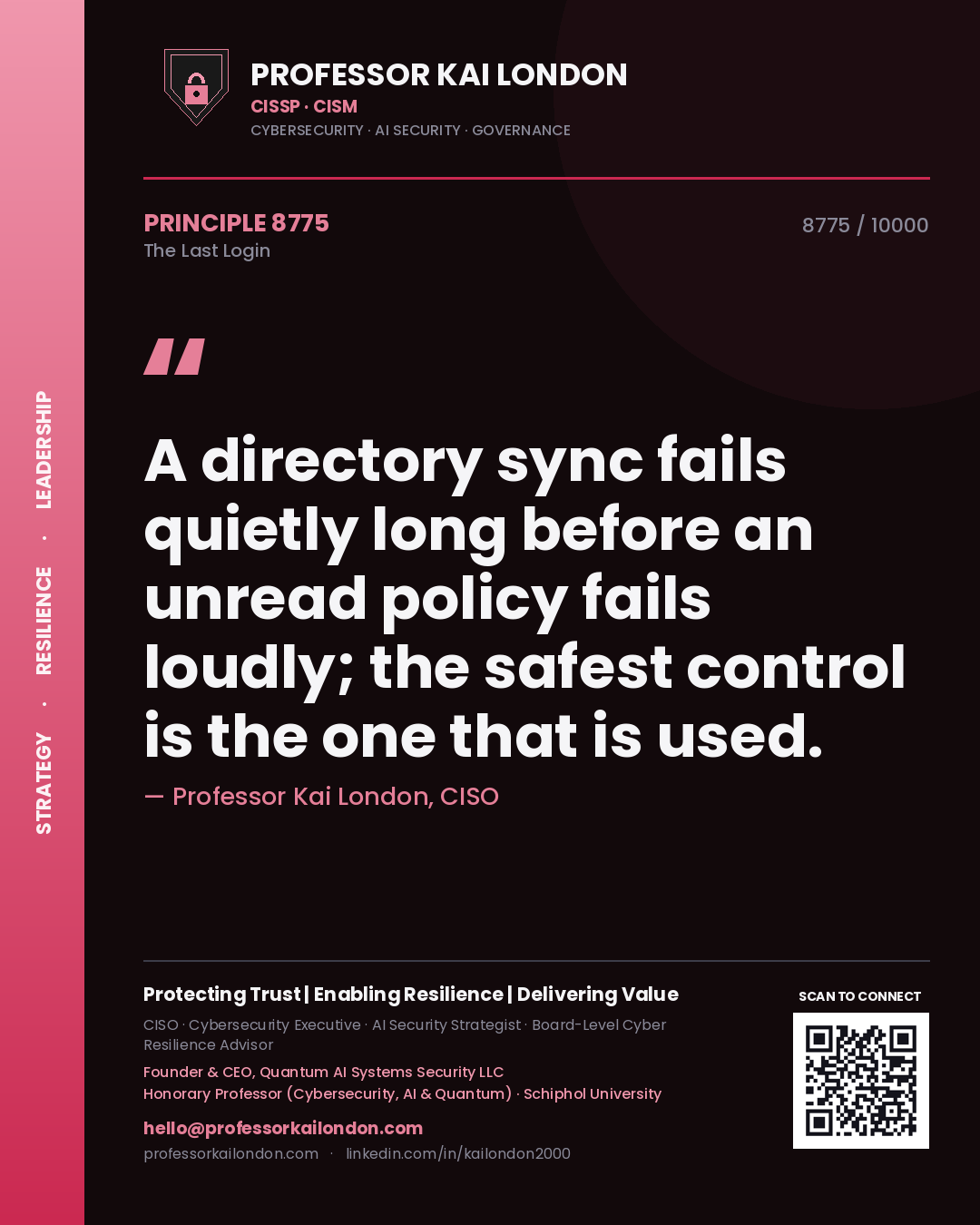 Quote card by Professor Kai London reading 'A directory sync fails quietly long before an unread policy fails loudly; the safest control is the one that is used.'. From the book The Last Login.