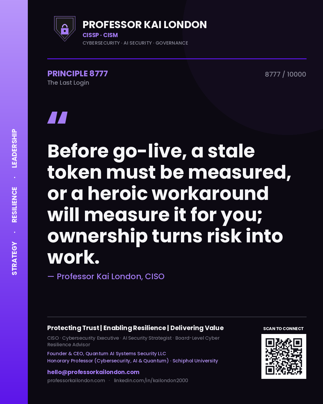 Quote card by Professor Kai London reading 'Before go-live, a stale token must be measured, or a heroic workaround will measure it for you; ownership turns risk into work.'. From the book The Last Login.