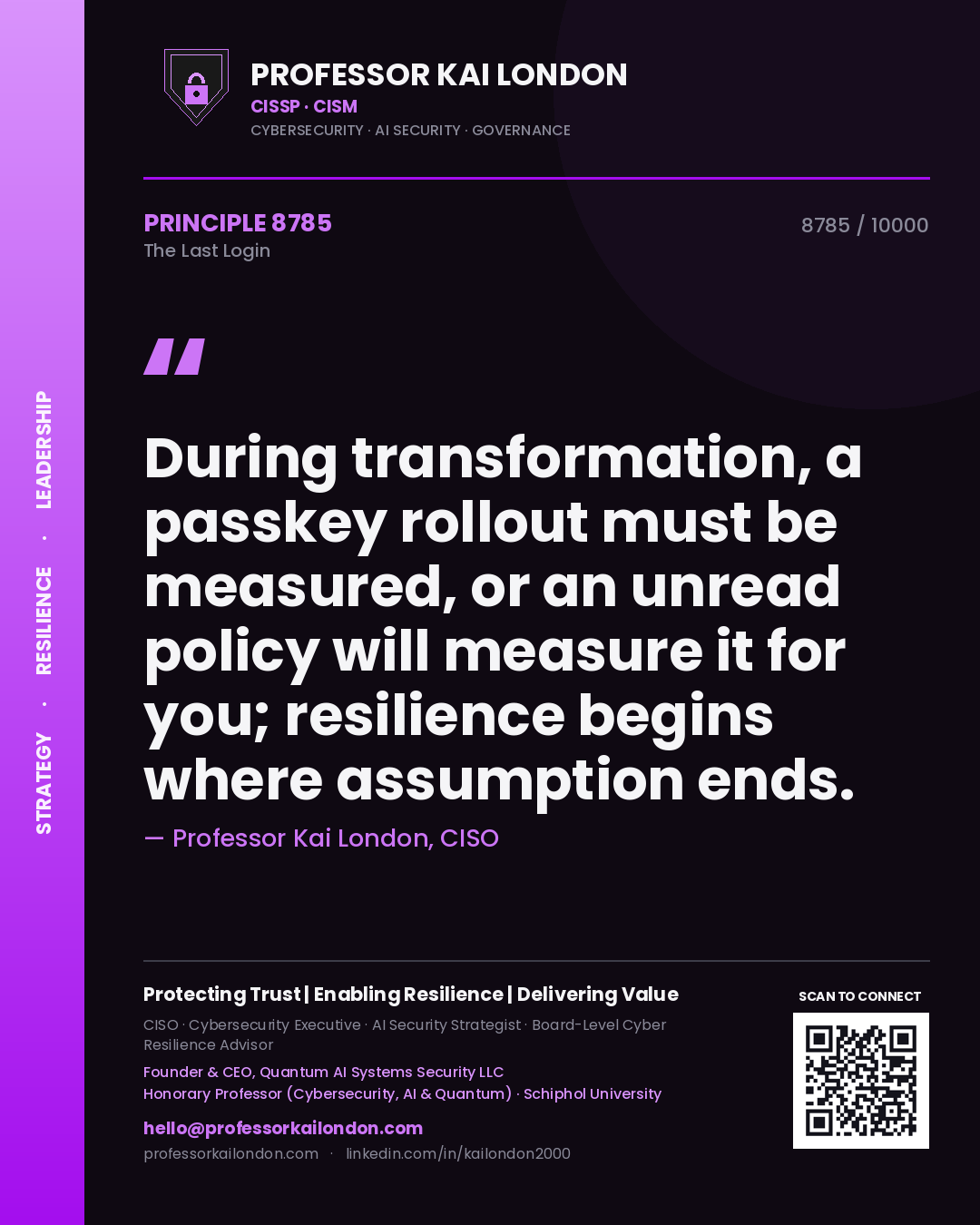 Professor Kai London principle 8785: During transformation, a passkey rollout must be measured, or an unread policy will measure it for you; resilience begins where assumption ends.